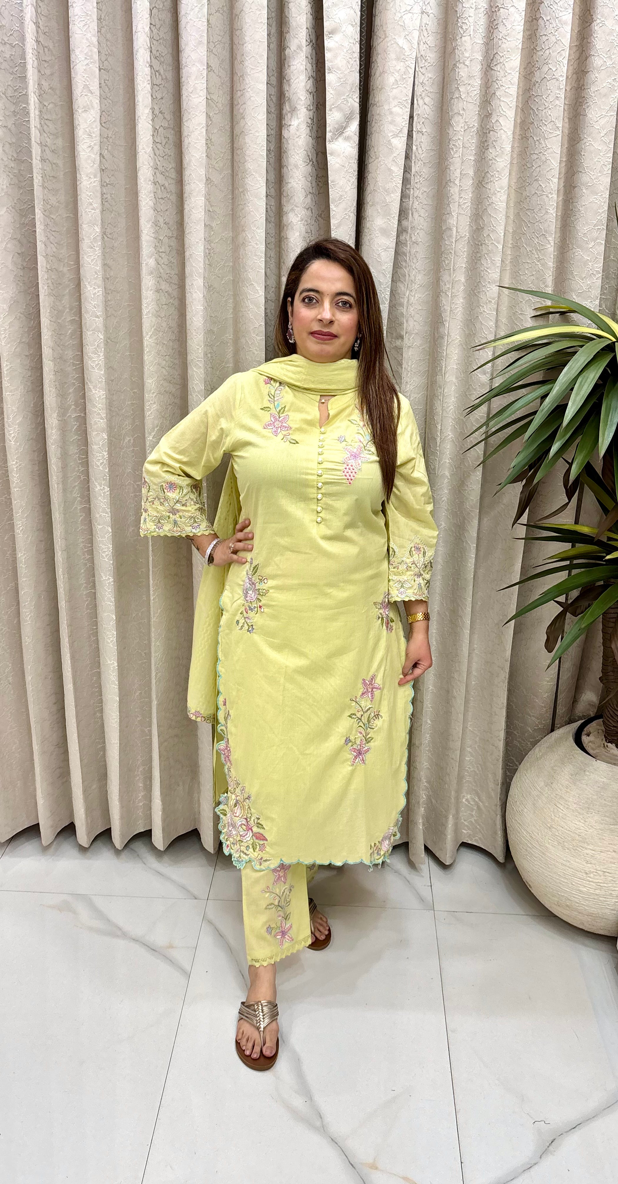 Feather-Light Mulmul Cotton Suit Set with All-Over Floral Threadwork & Premium Crochet Lace