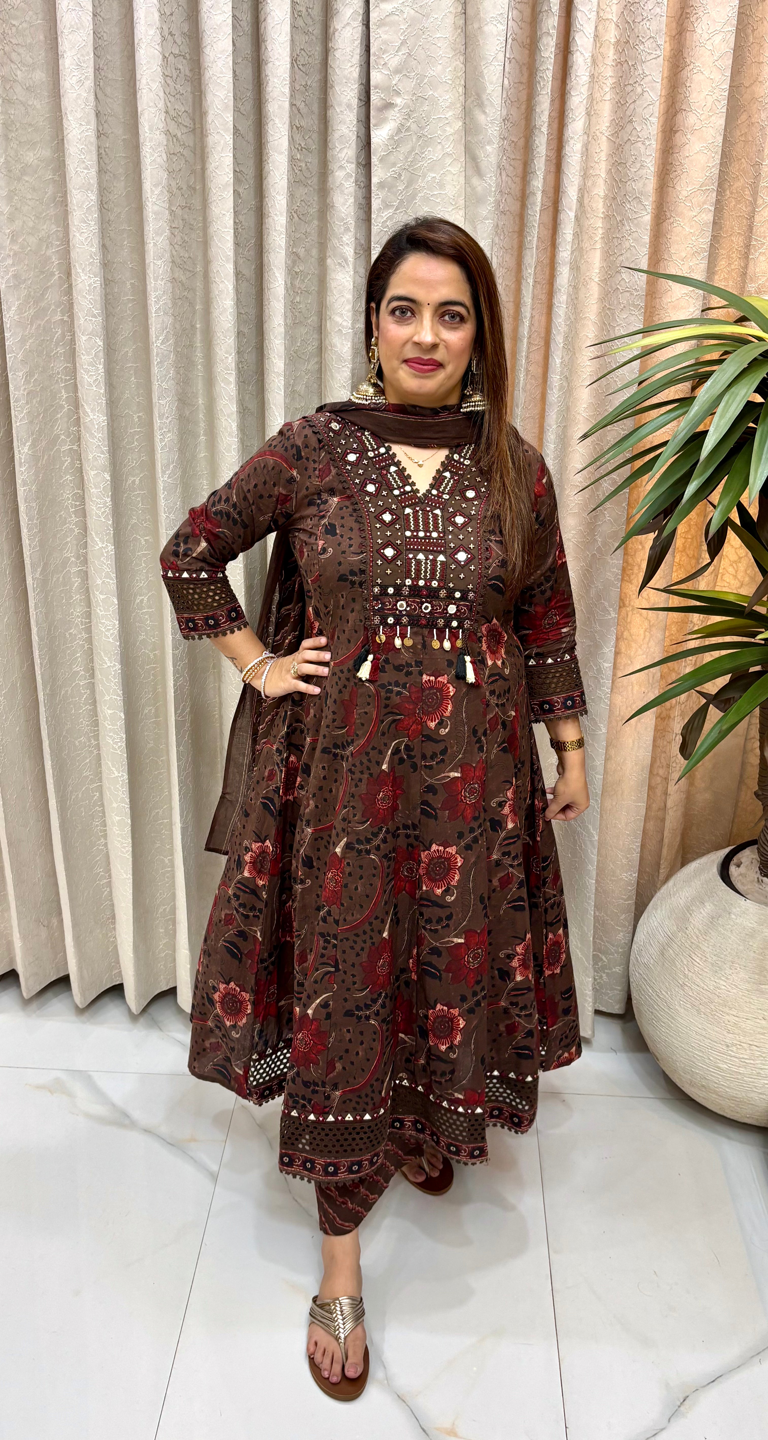 Premium Pure Cotton Kalamkari Suit Set with High-Waist Leheriya Trousers, Real Mirrors, & Soft Mulmul Dupatta