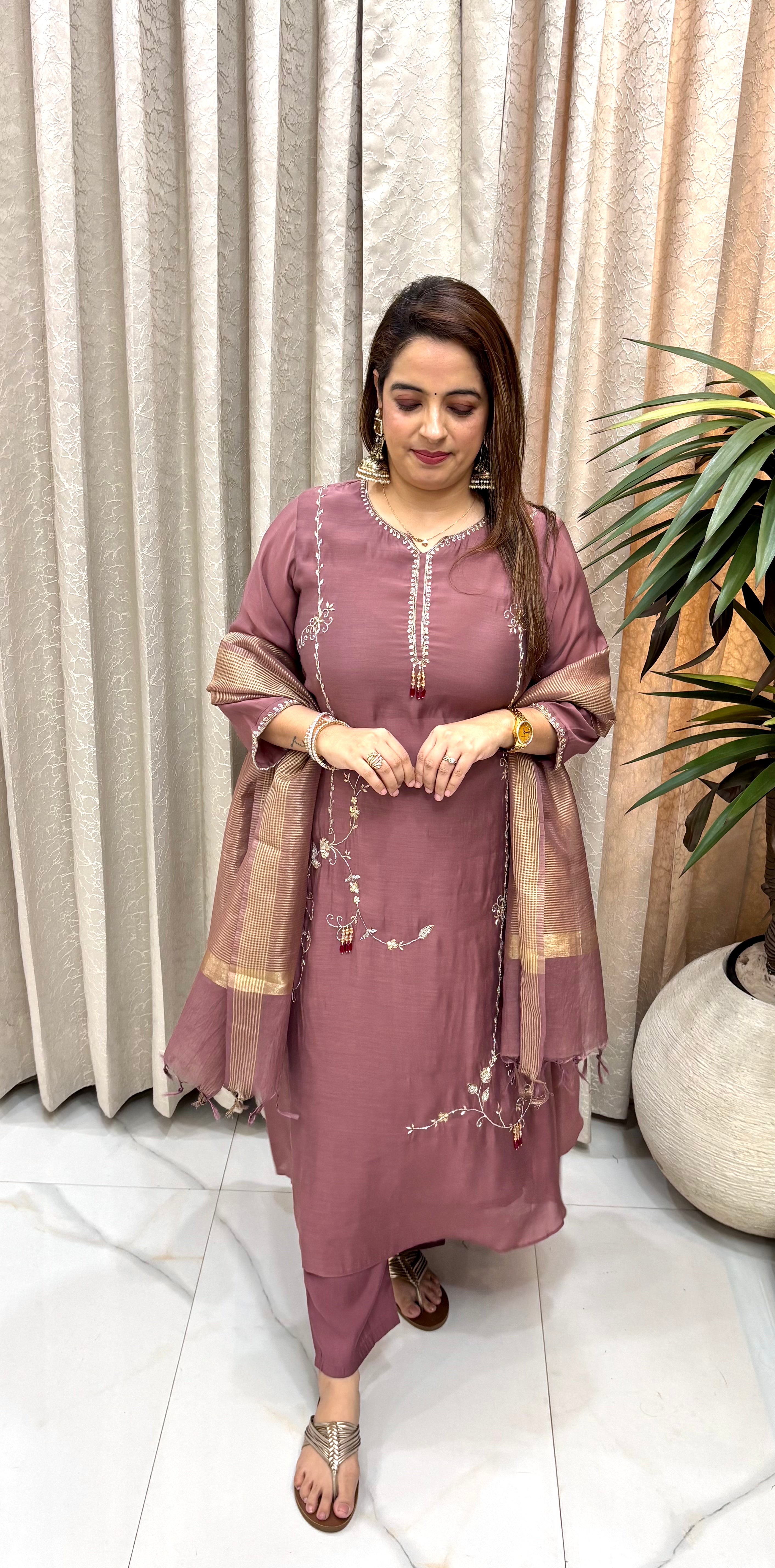 Premium Mul Chanderi A-Line Suit Set with Handwork Borders, Statement Hangings, & Woven Lagdi Patta Dupatta