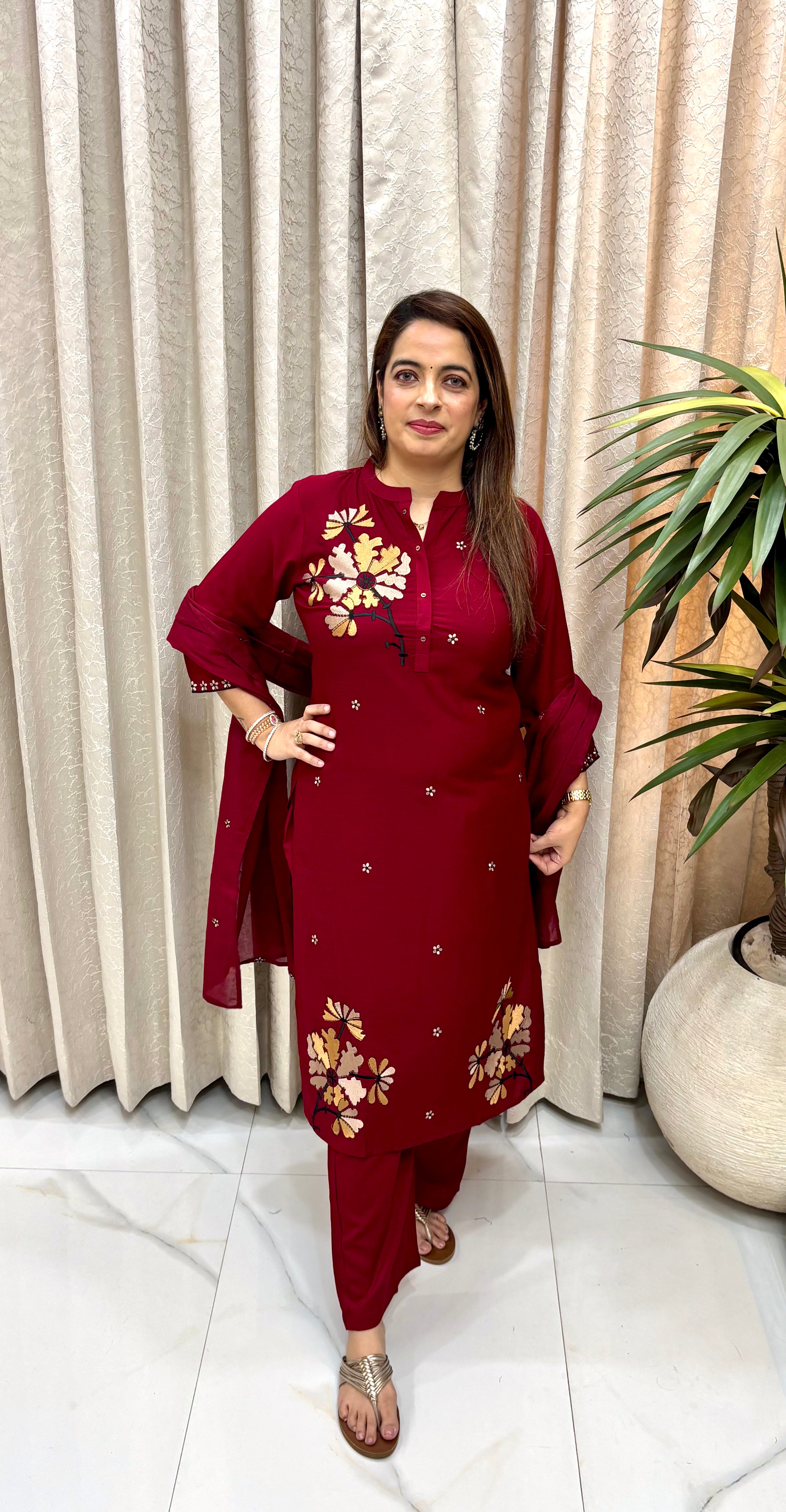 Premium Pure Modal Silk Suit Set with Exquisite Floral Artistry, Round V-Slit Neckline, & Soft Cotton Dupatta