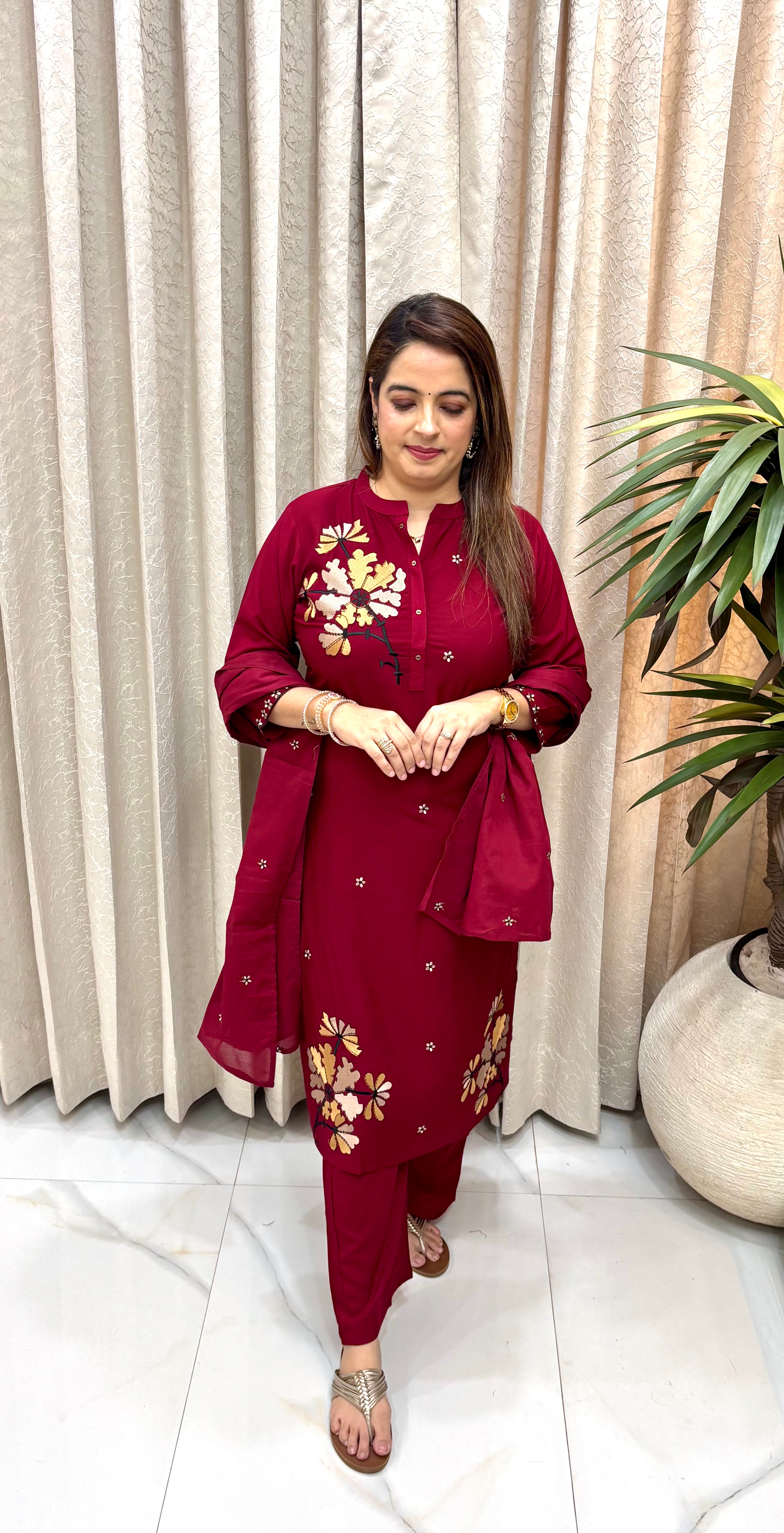 Premium Pure Modal Silk Suit Set with Exquisite Floral Artistry, Round V-Slit Neckline, & Soft Cotton Dupatta