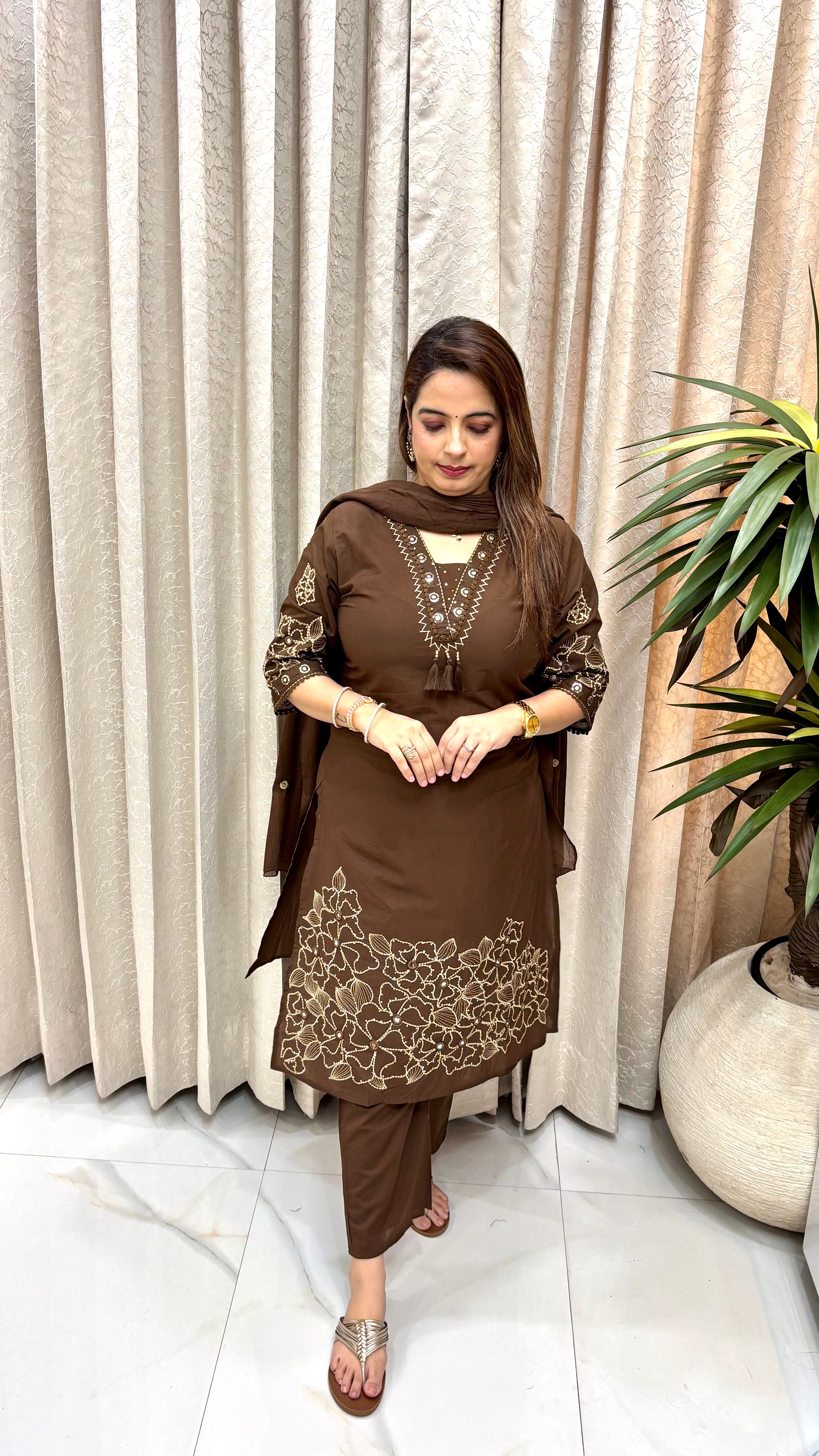 Premium Pure Cotton Suit Set with All-Round Mirror Work, Tassel Details, & Cloud-Soft Mulmul Dupatta