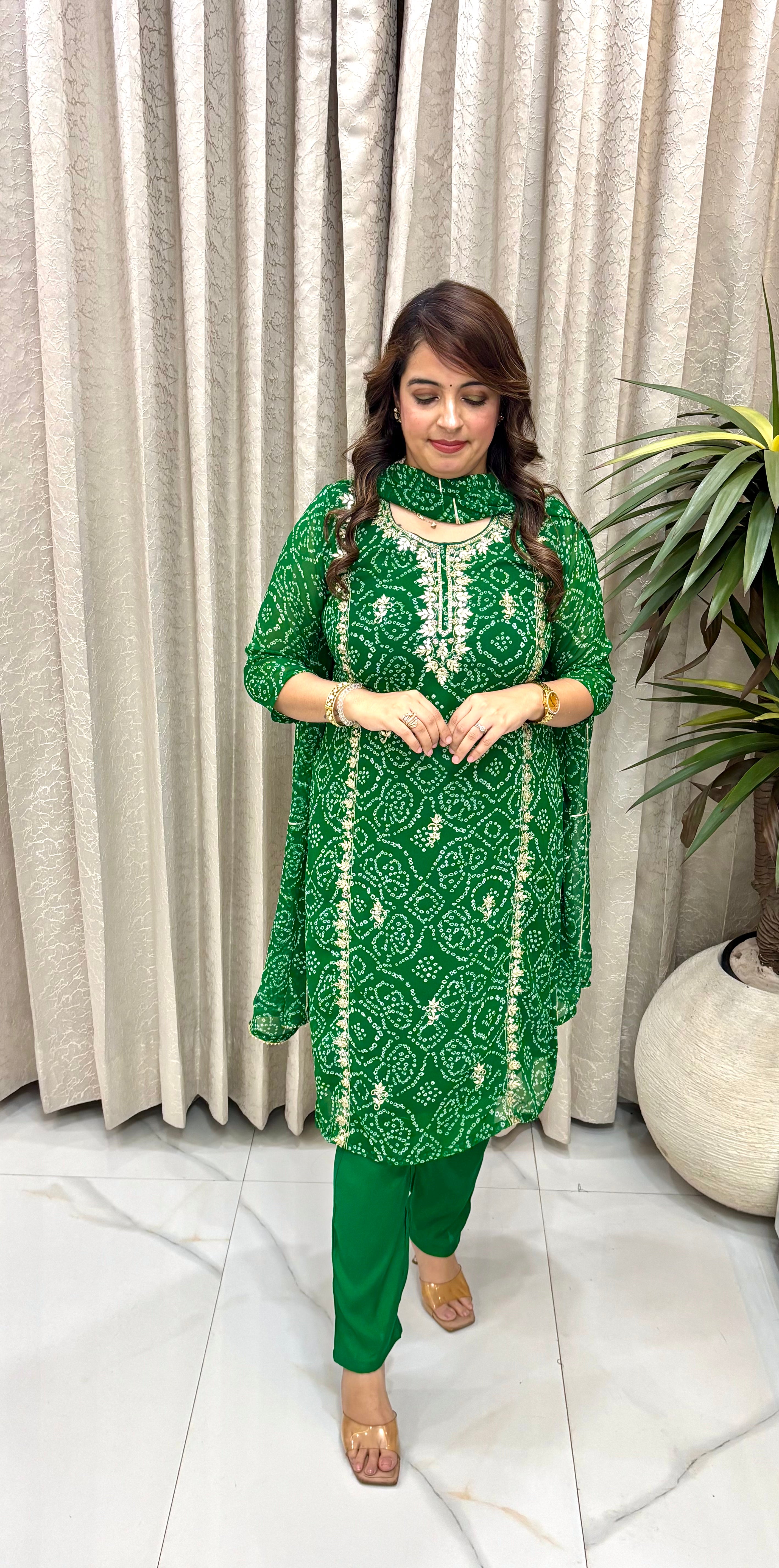 Premium Pure Georgette Bandhani Suit Set with Heavy Rajasthani Gota Patti Panels & Fluid Shantoon Trousers
