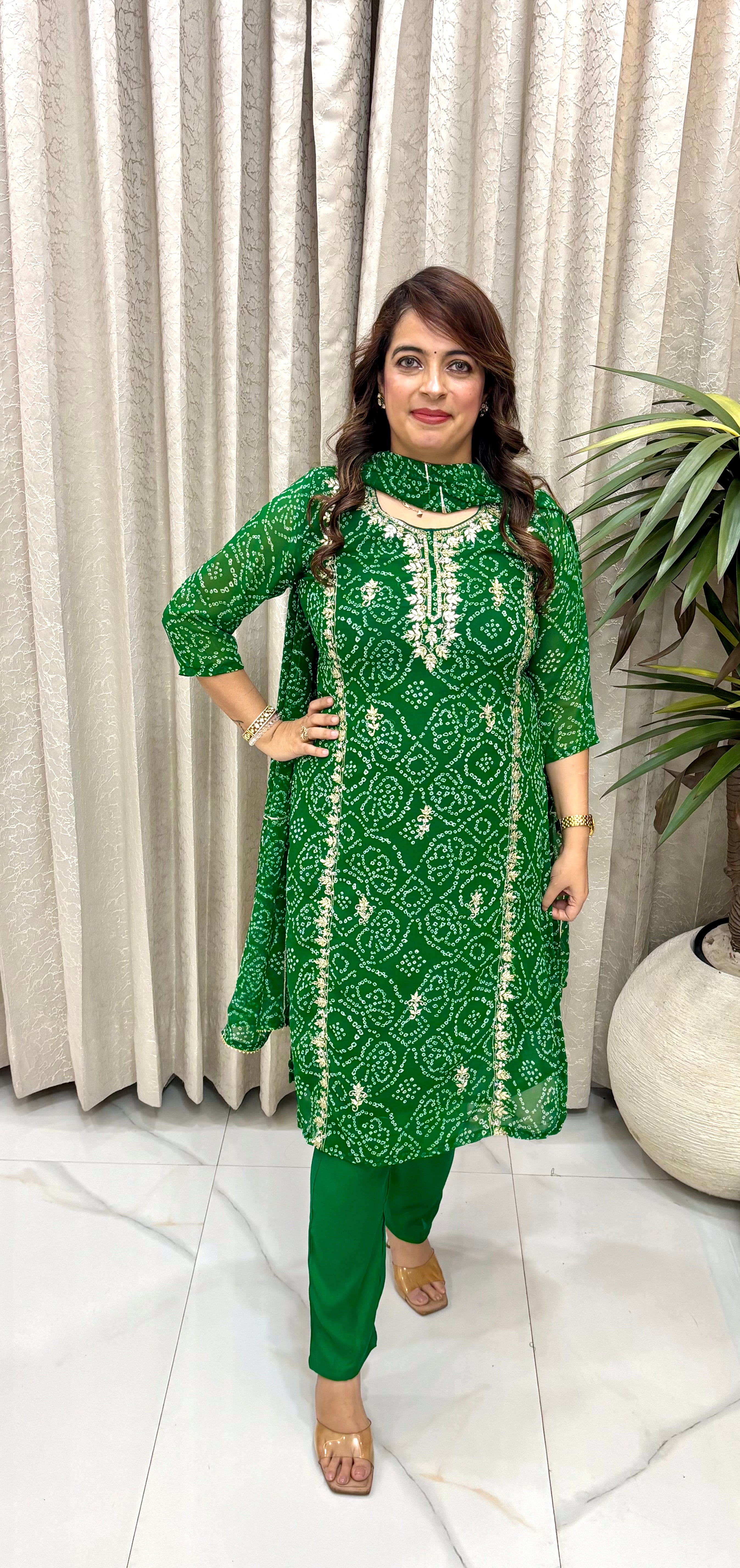 Premium Pure Georgette Bandhani Suit Set with Heavy Rajasthani Gota Patti Panels & Fluid Shantoon Trousers