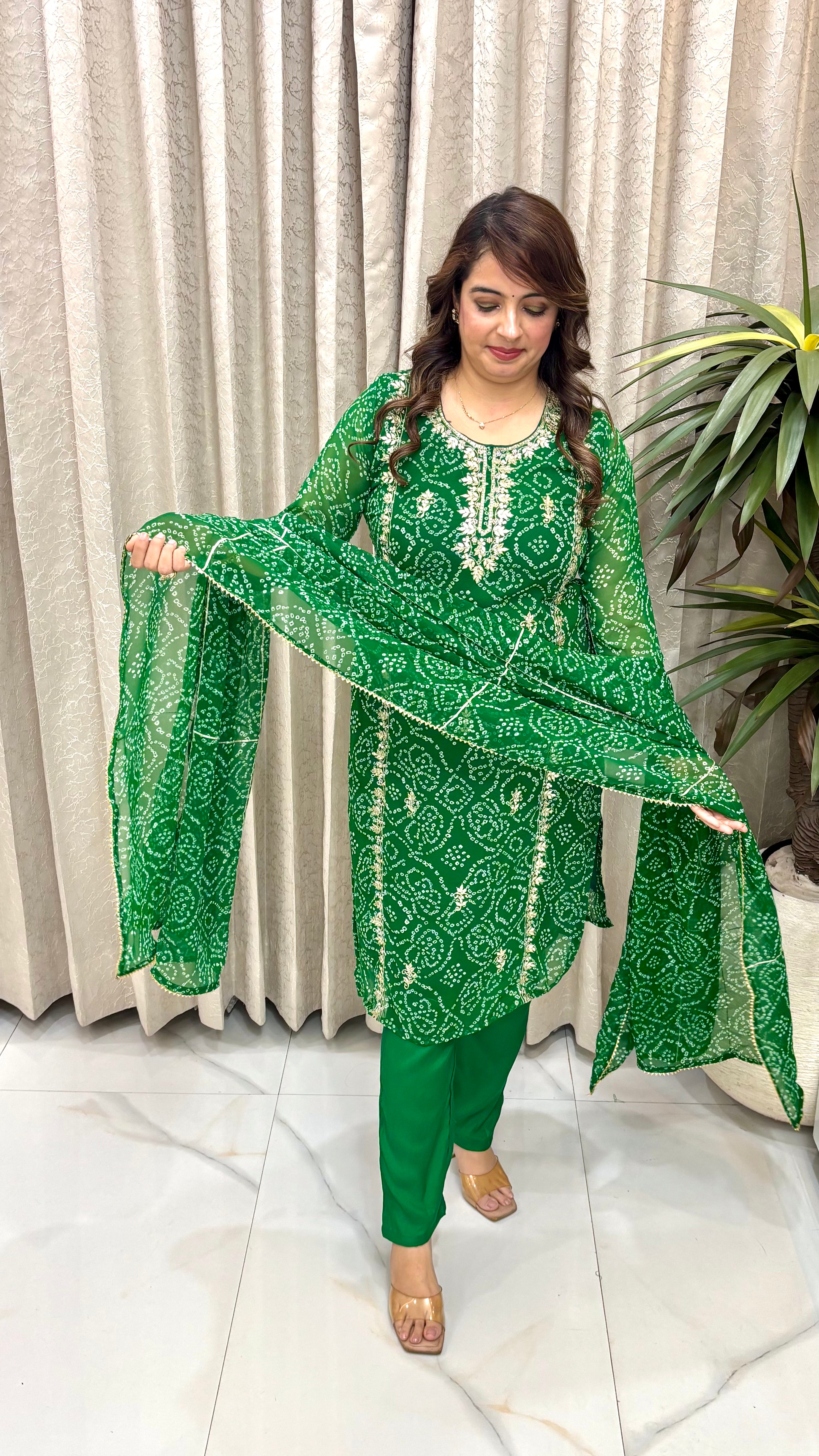 Premium Pure Georgette Bandhani Suit Set with Heavy Rajasthani Gota Patti Panels & Fluid Shantoon Trousers