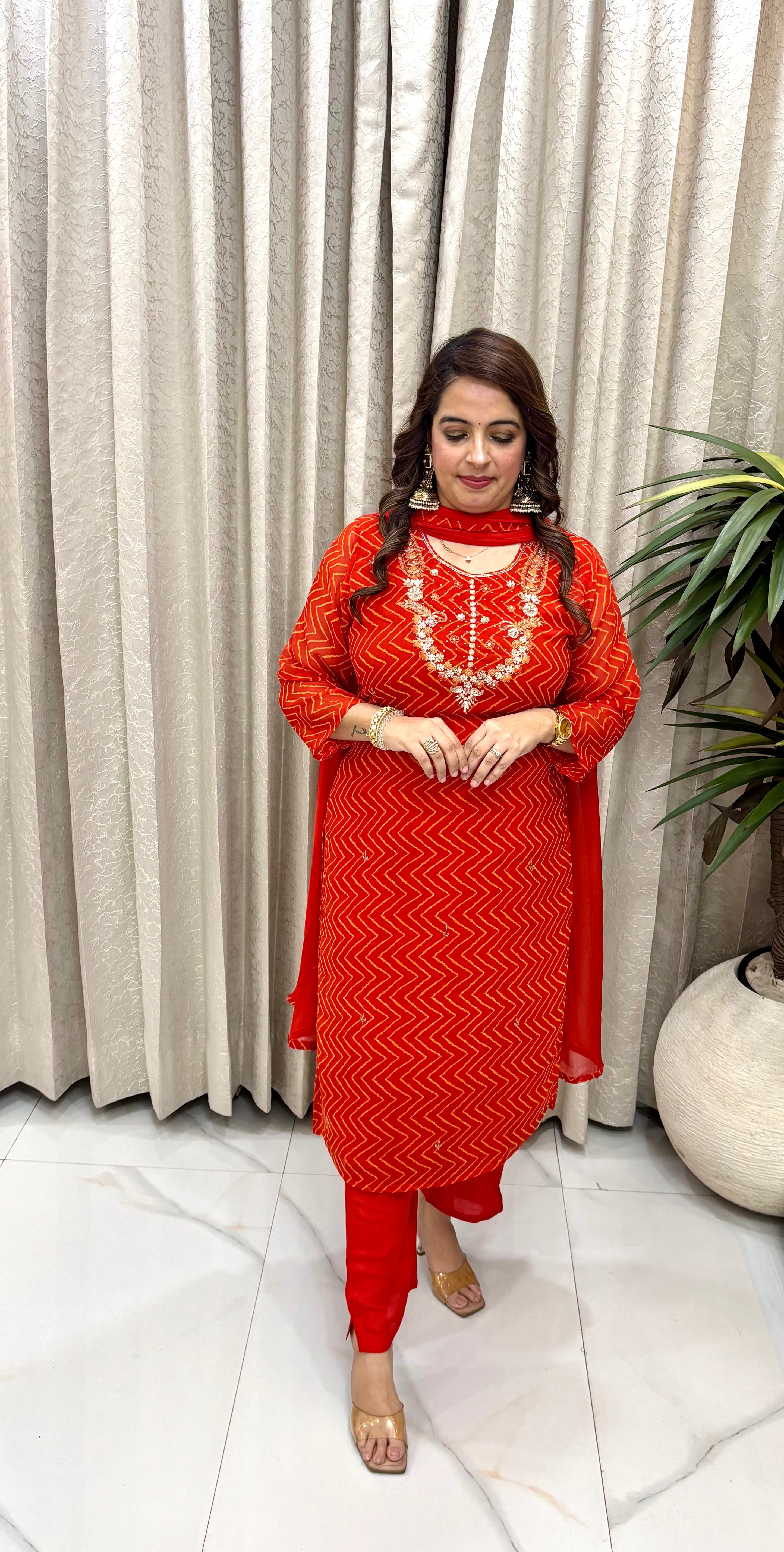 Premium Pure Georgette Leheriya Suit Set with Heavy Kunja & Zardozi Handwork