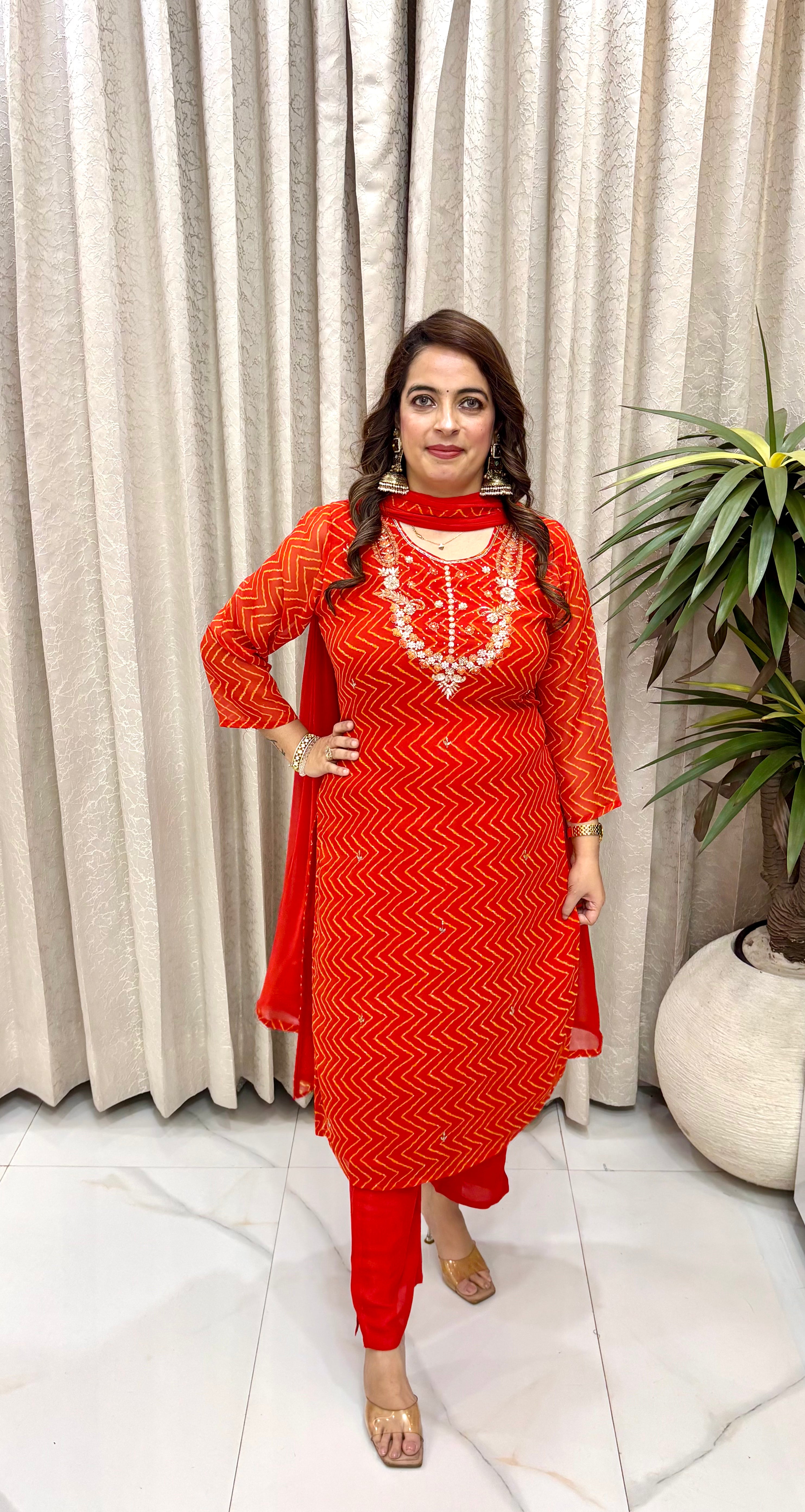 Premium Pure Georgette Leheriya Suit Set with Heavy Kunja & Zardozi Handwork