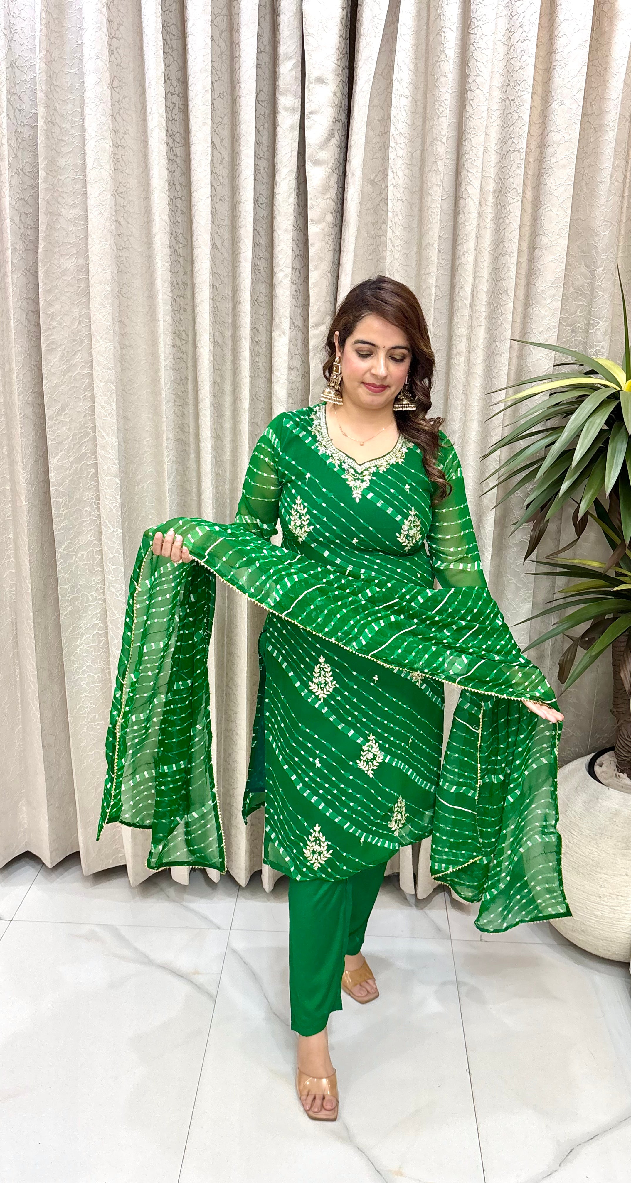 Premium Pure Georgette Leheriya Suit Set with Traditional Gota Patti, Real Mirror Paan Neckline & Cotton Lining