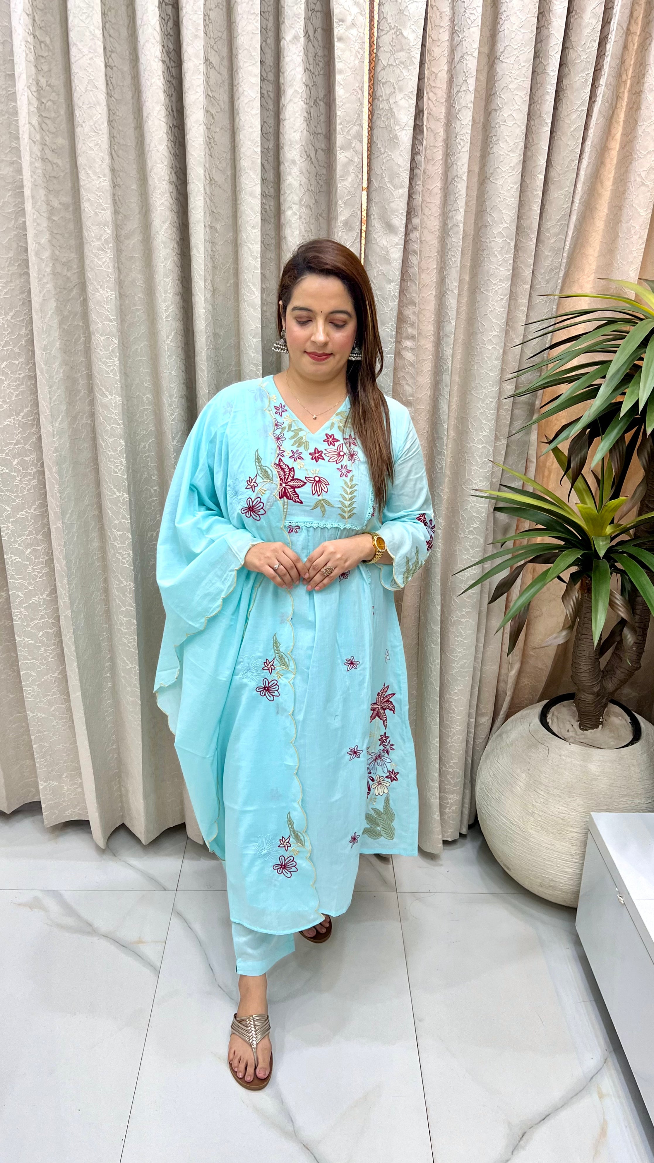 Pure Mulmul Cotton Suit with Premium Resham Embroidery & Crochet Lace Detailing