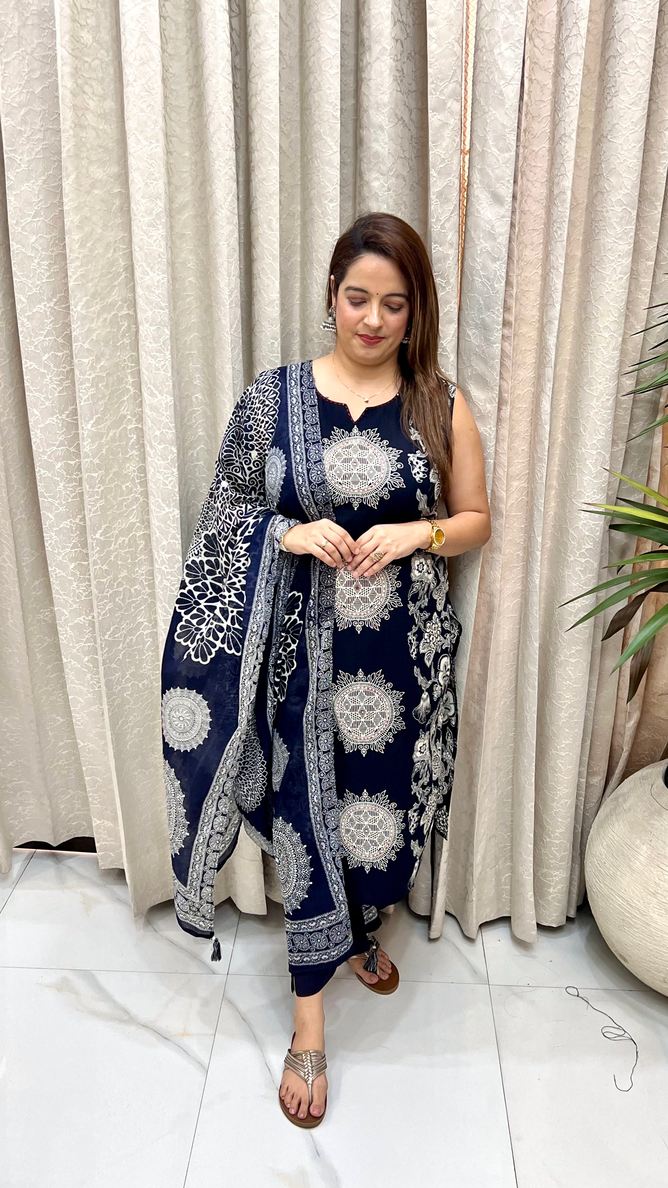 Pure Cotton Block Printed Suit with Katha, Sequence & Mirror Work