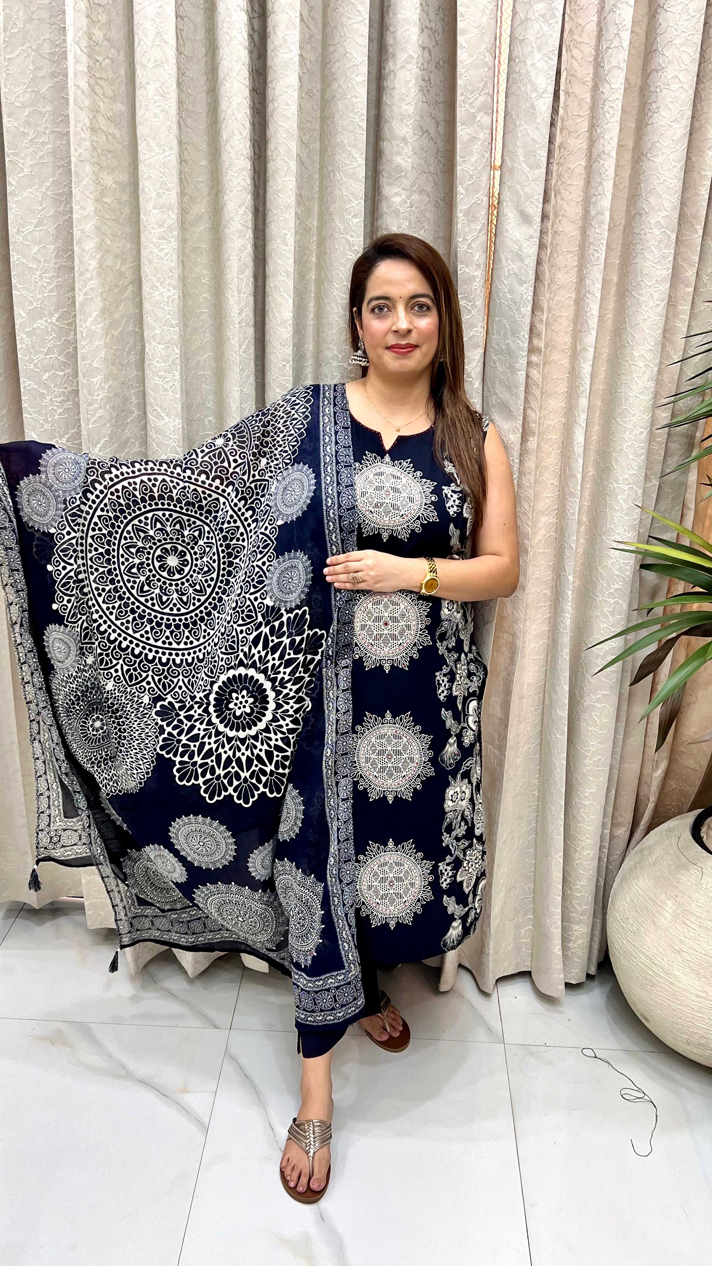 Pure Cotton Block Printed Suit with Katha, Sequence & Mirror Work