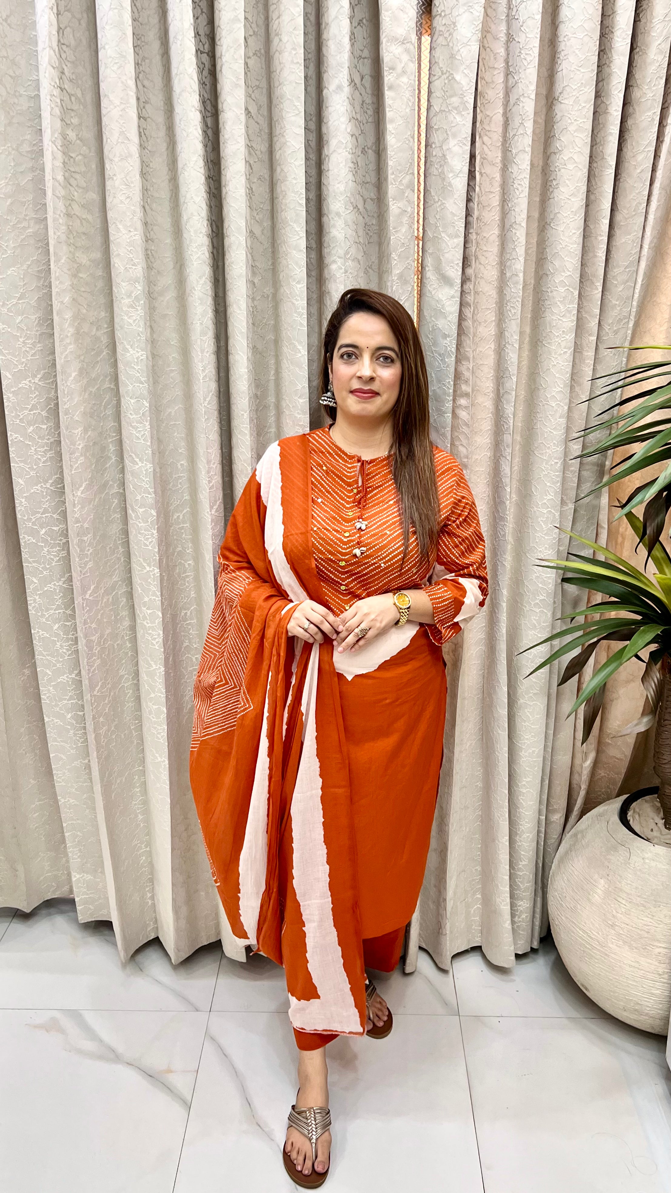 Pure Cotton Bandhani Suit with Dori-Kodi & Mirror Detailing