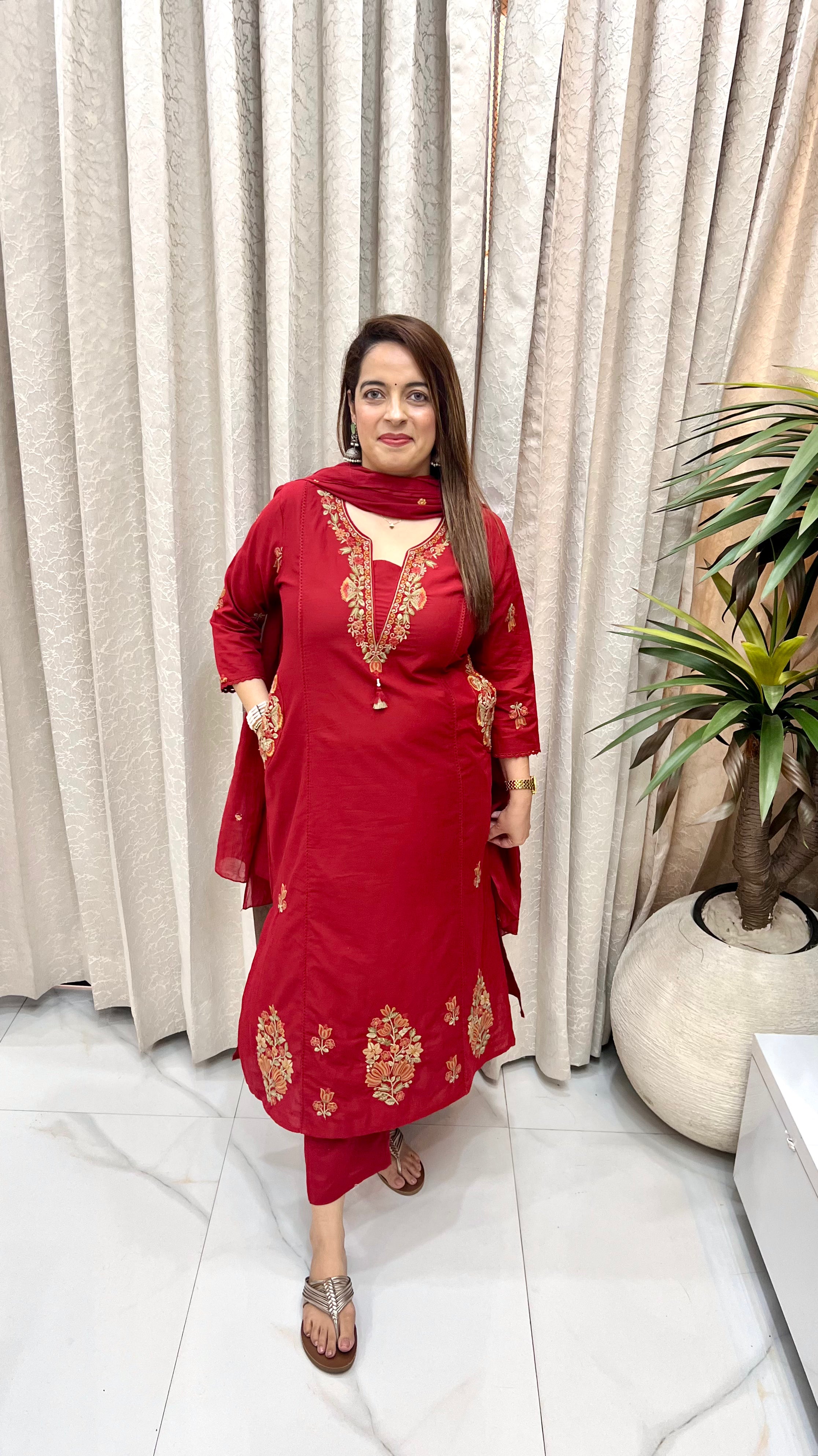 Floral Embroidered & Lace Detail Cotton Suit
