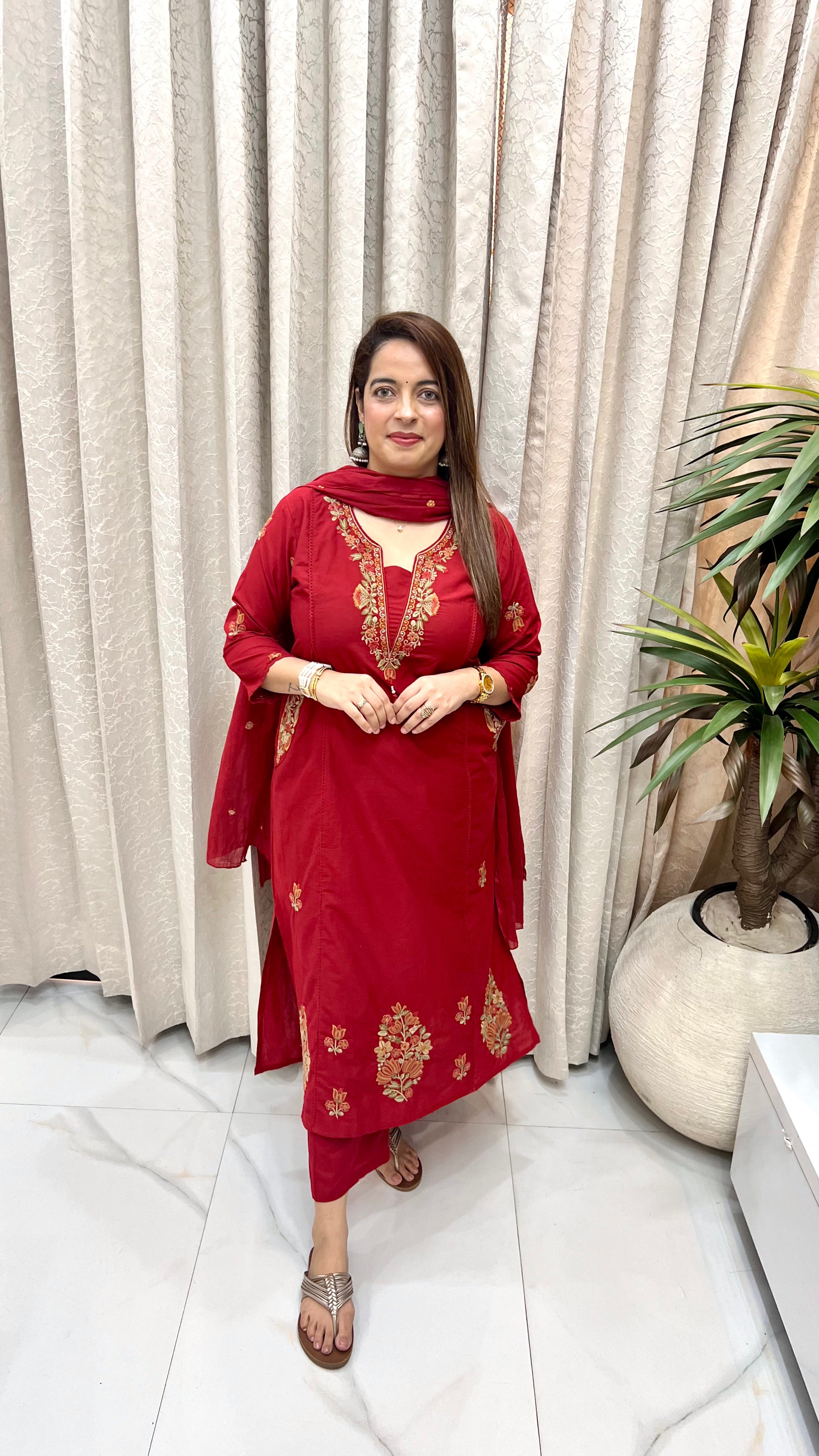 Floral Embroidered & Lace Detail Cotton Suit