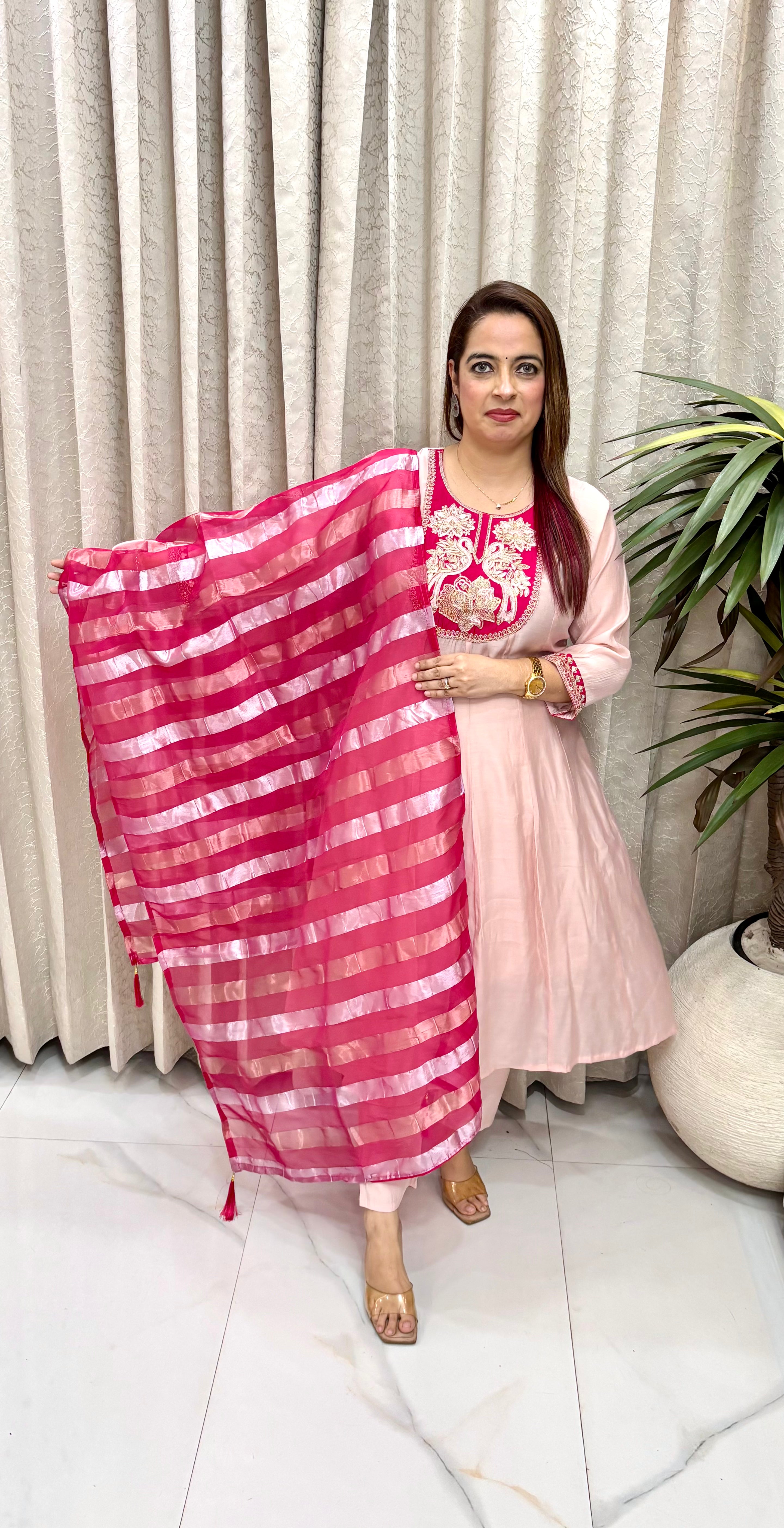 Exquisite Mul Chanderi Flared Anarkali with Artisanal Embroidery & Lagdi Patta Organza Dupatta