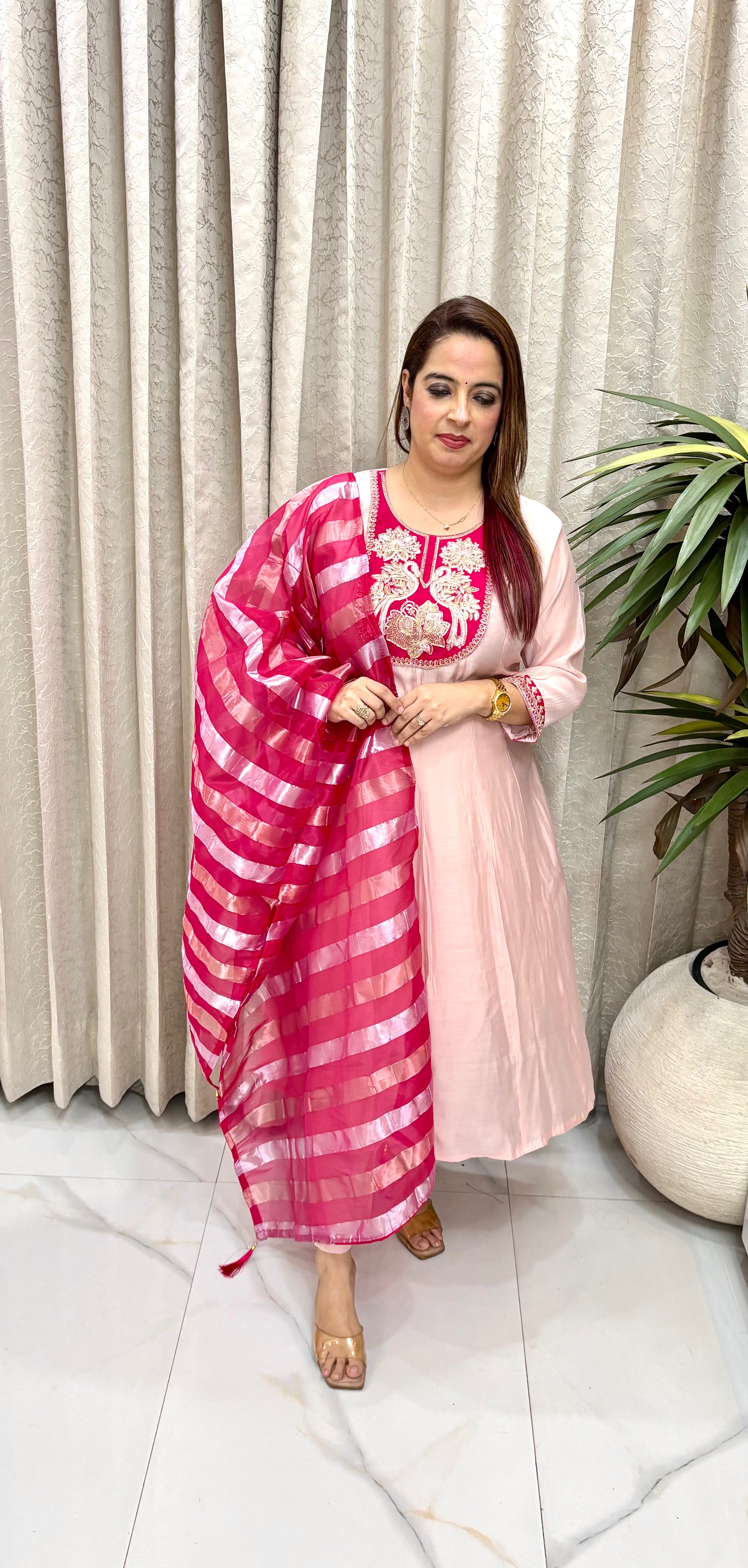 Exquisite Mul Chanderi Flared Anarkali with Artisanal Embroidery & Lagdi Patta Organza Dupatta