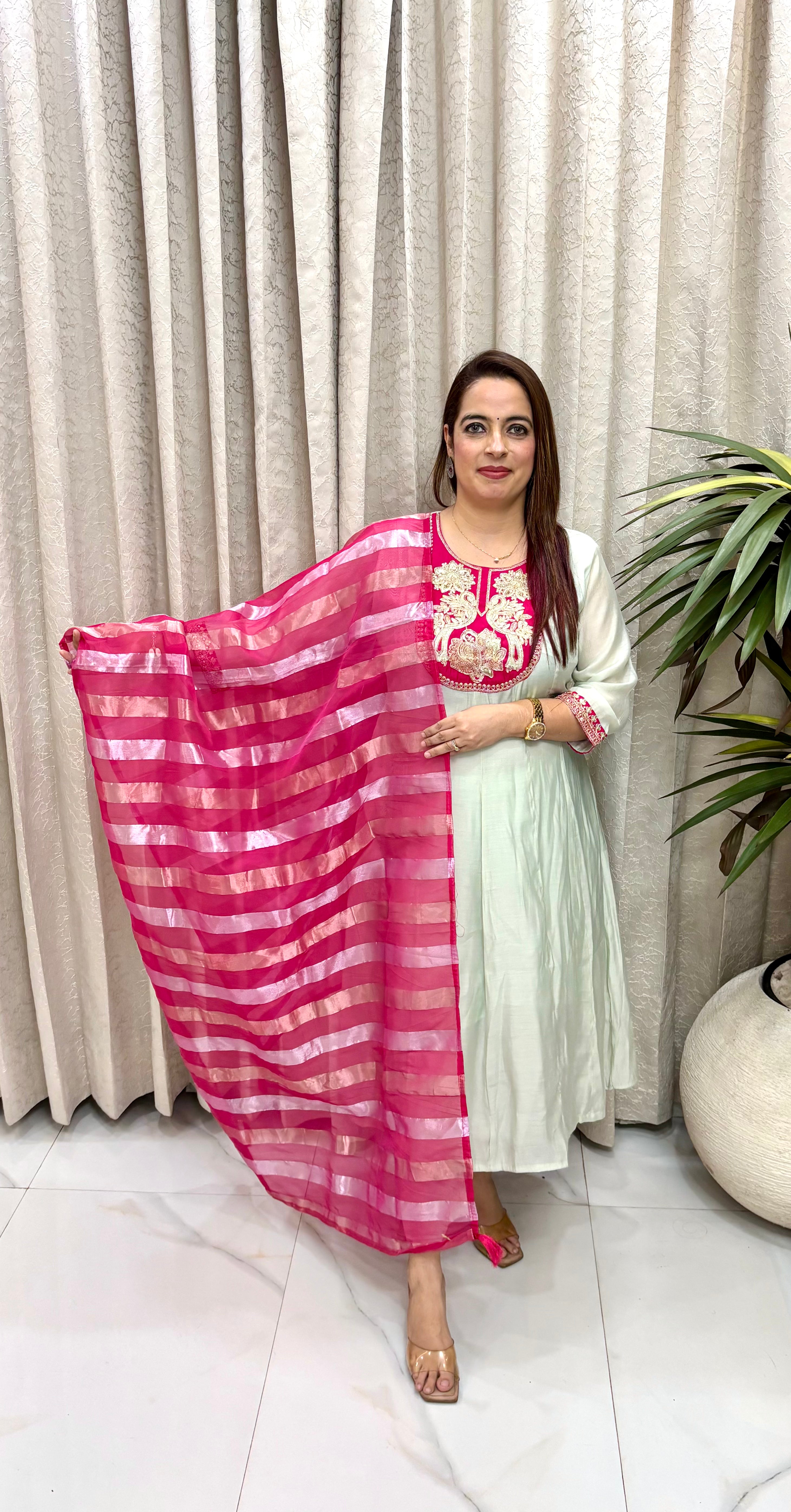 Exquisite Mul Chanderi Flared Anarkali with Artisanal Embroidery & Lagdi Patta Organza Dupatta
