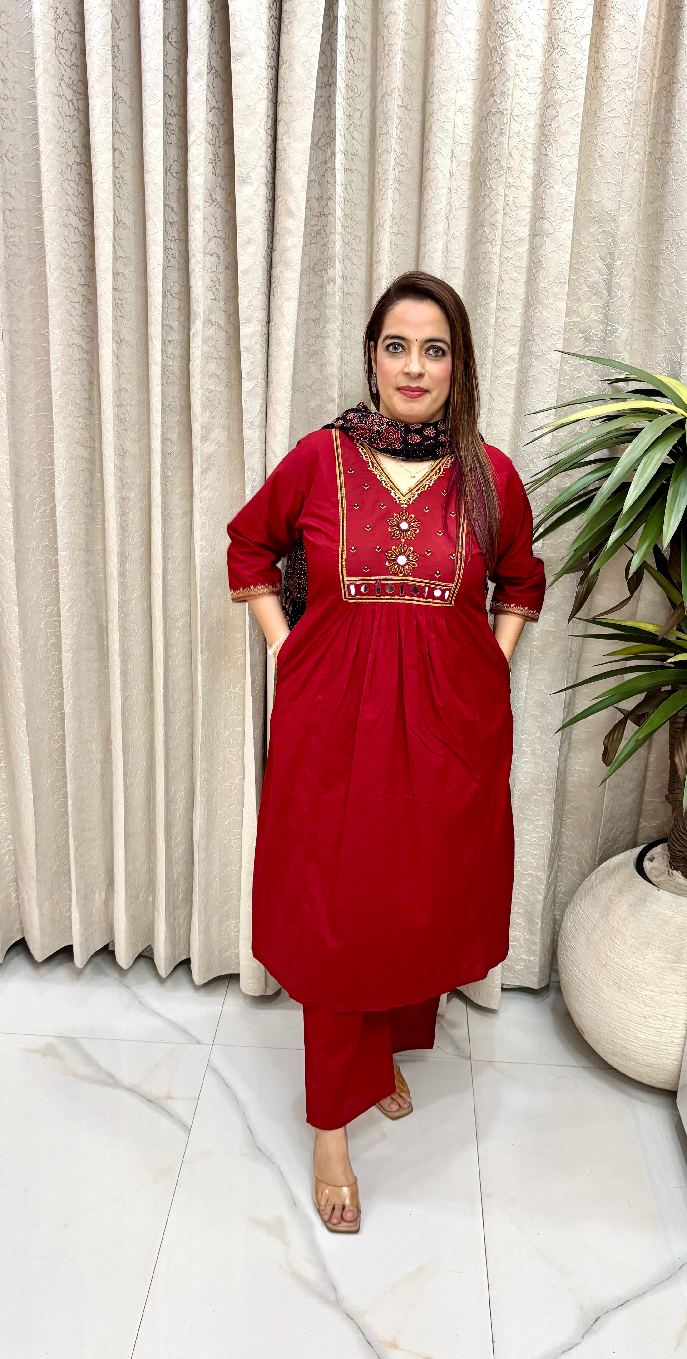 Authentic Hand-Block Printed Dabu Cotton Suit with V-Neck Craftsmanship & Kalamkari Dupatta