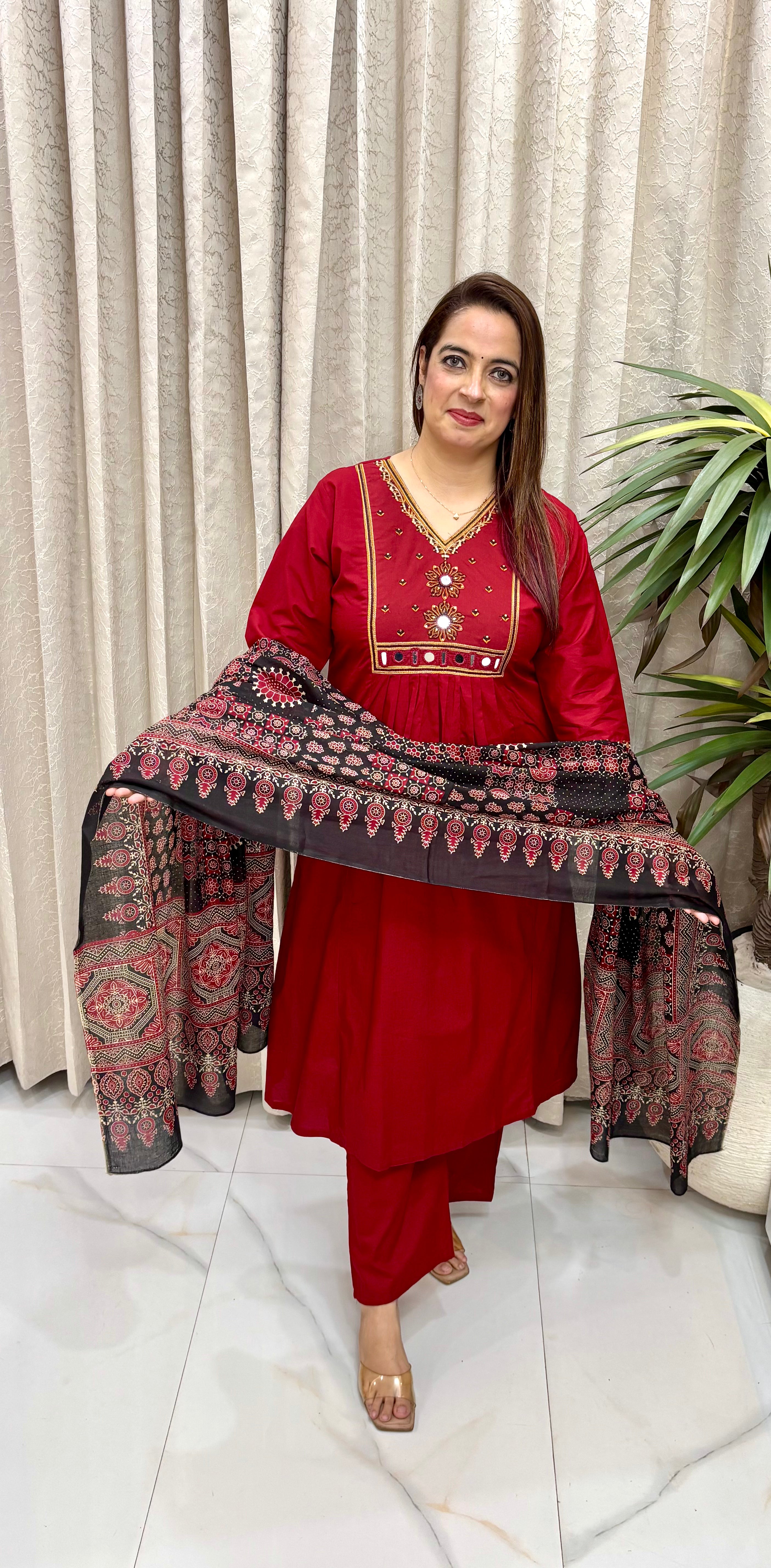 Authentic Hand-Block Printed Dabu Cotton Suit with V-Neck Craftsmanship & Kalamkari Dupatta