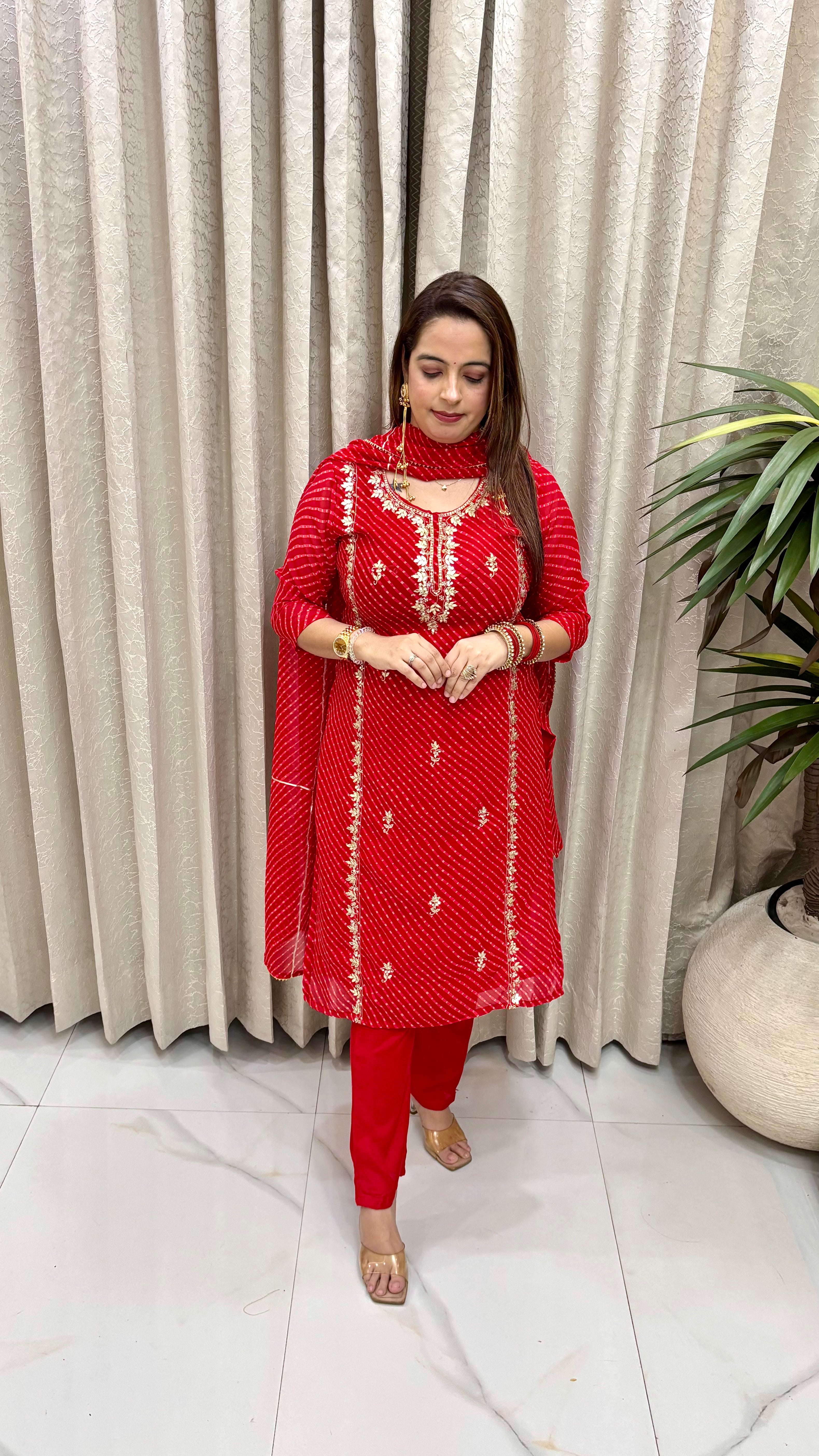 Premium Pure Georgette Leheriya Suit Set  Premium Pure Georgette Leheriya Suit Set with Heavy Rajasthani Gota Patti Panels & Fluid Shantoon Trousers