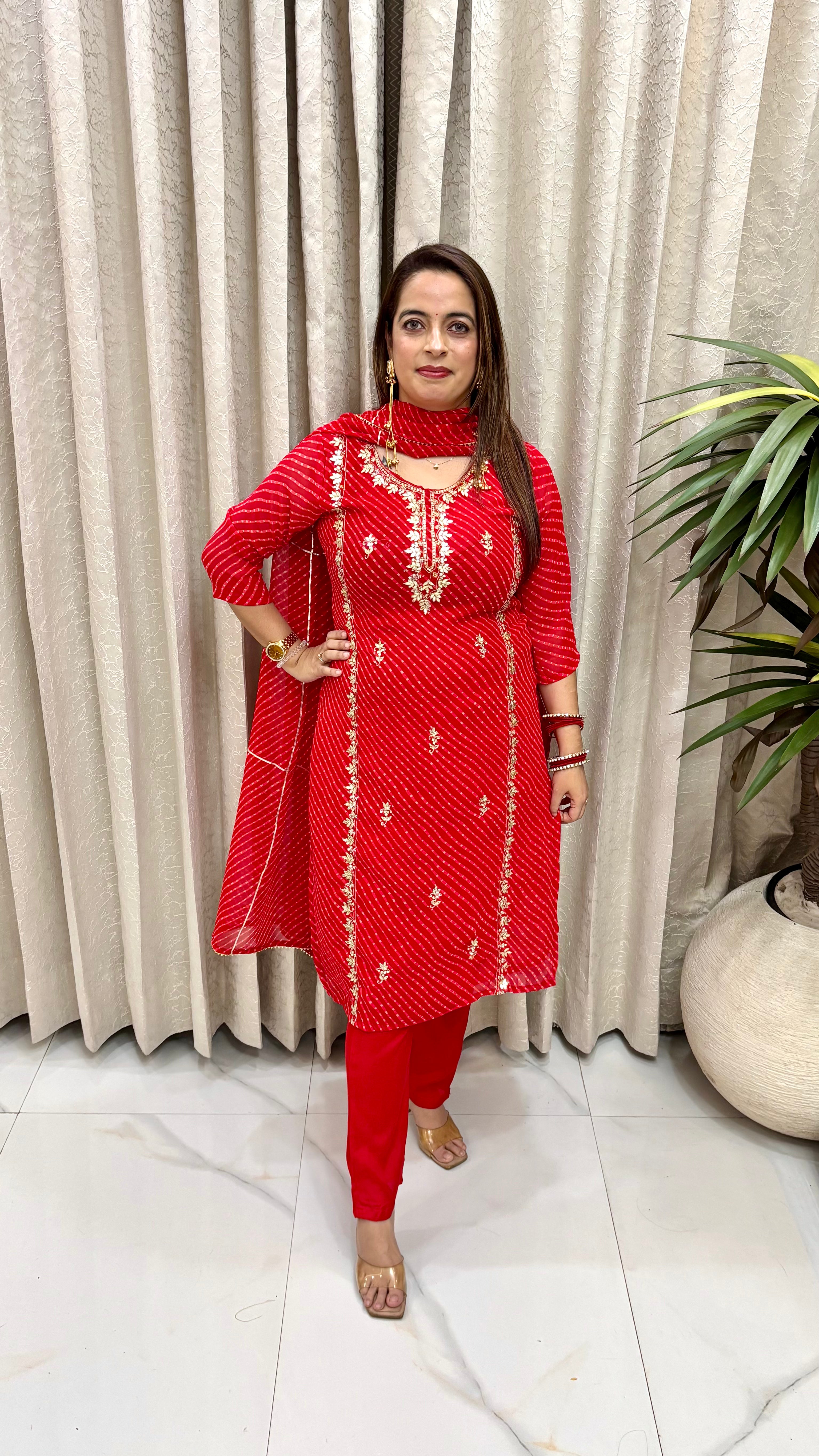 Premium Pure Georgette Leheriya Suit Set  Premium Pure Georgette Leheriya Suit Set with Heavy Rajasthani Gota Patti Panels & Fluid Shantoon Trousers