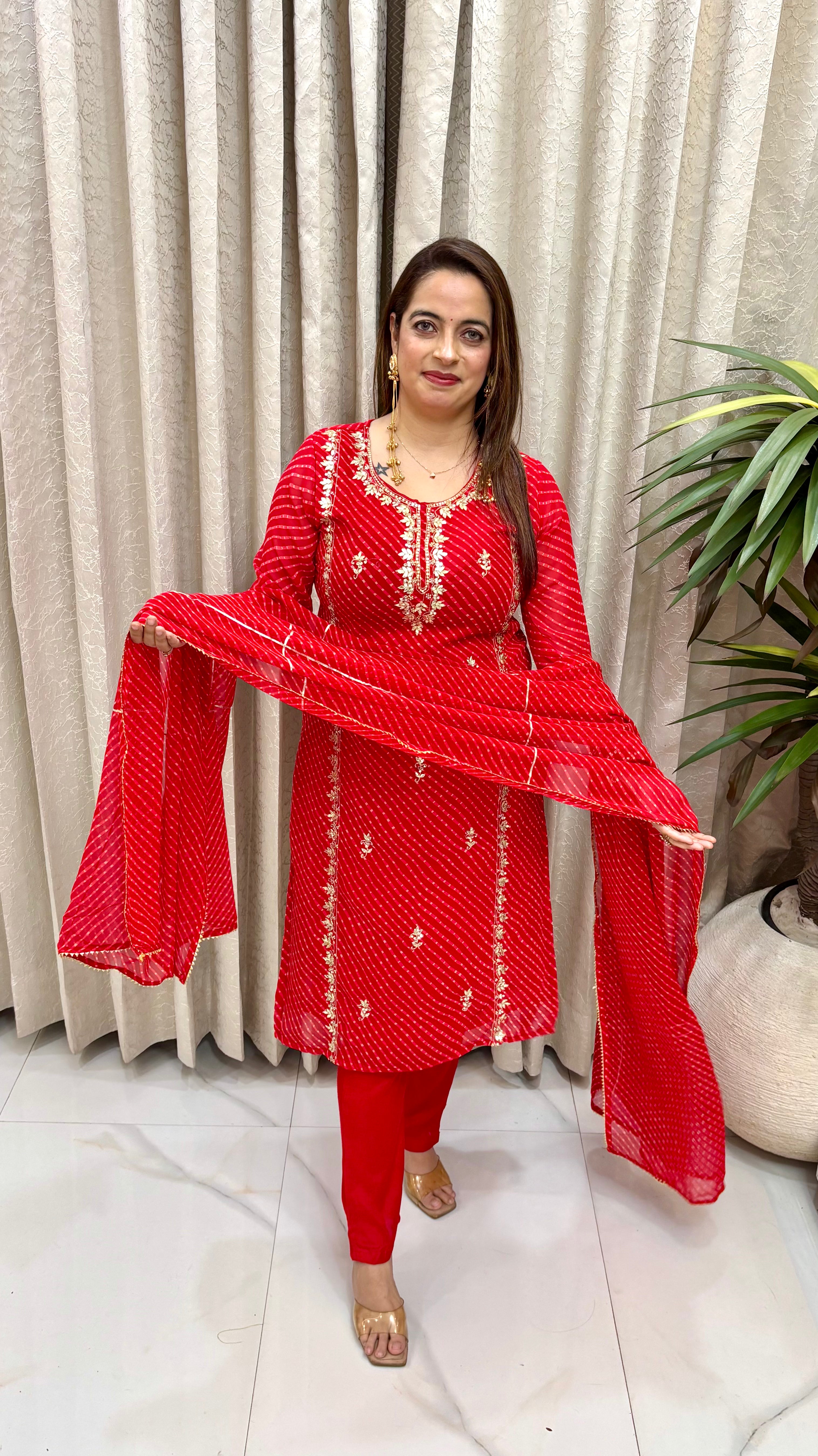 Premium Pure Georgette Leheriya Suit Set  Premium Pure Georgette Leheriya Suit Set with Heavy Rajasthani Gota Patti Panels & Fluid Shantoon Trousers