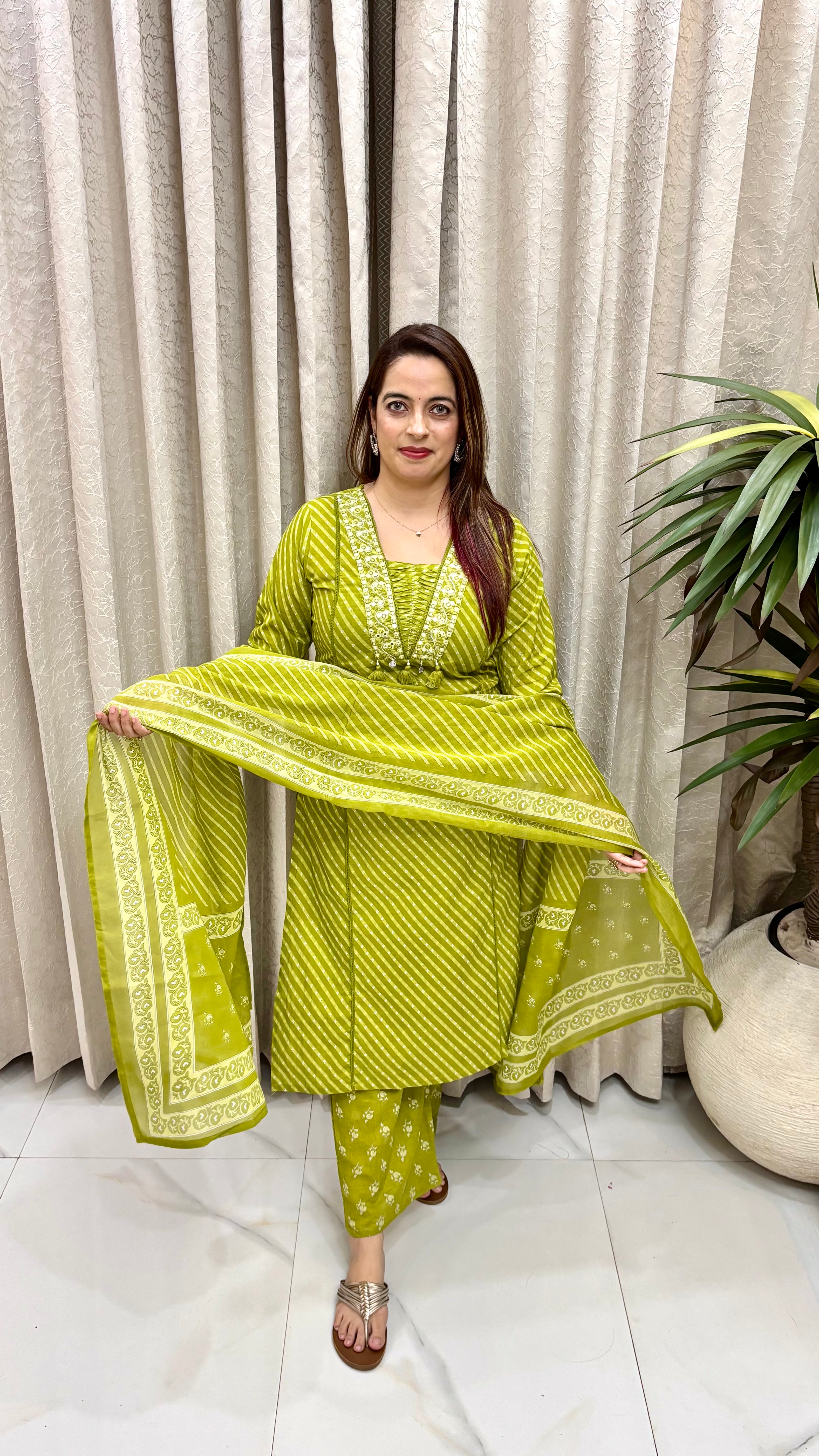 Charming Summer Heritage: Pure Cotton Leheriya Suit with V-Neck Craft, Premium Crochet Lace, & Pocket Comfort