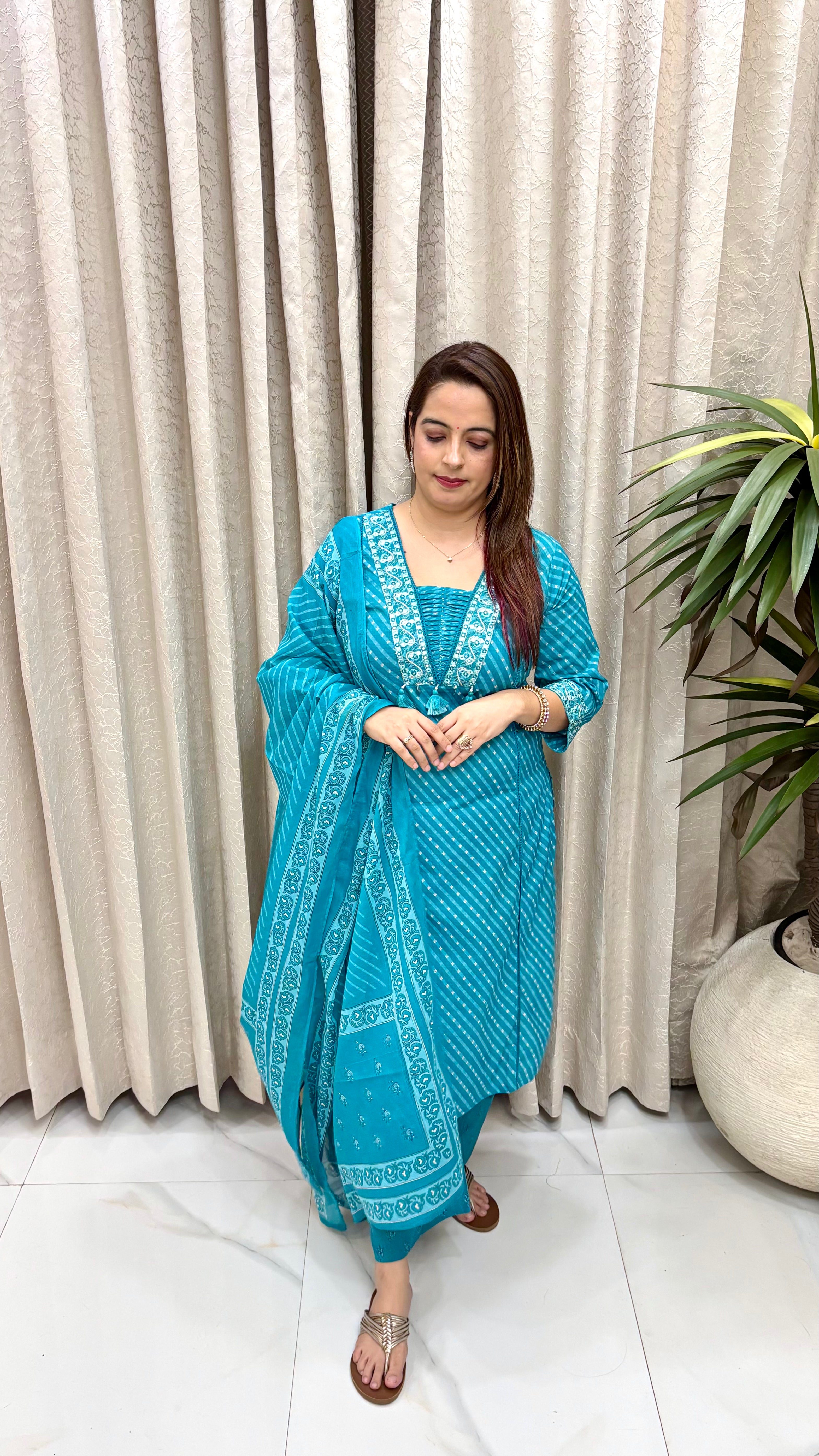 Charming Summer Heritage: Pure Cotton Leheriya Suit with V-Neck Craft, Premium Crochet Lace, & Pocket Comfort