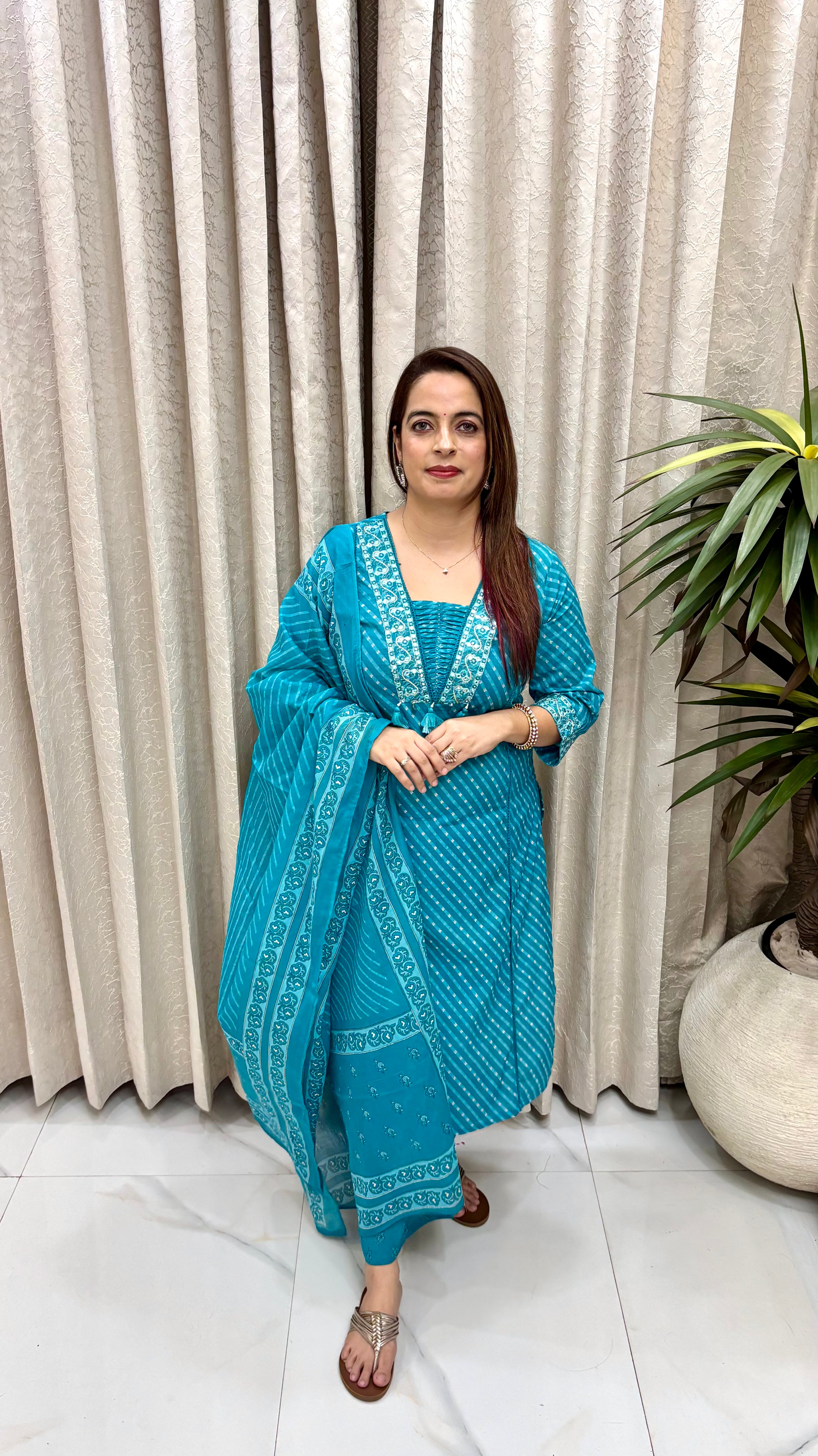 Charming Summer Heritage: Pure Cotton Leheriya Suit with V-Neck Craft, Premium Crochet Lace, & Pocket Comfort