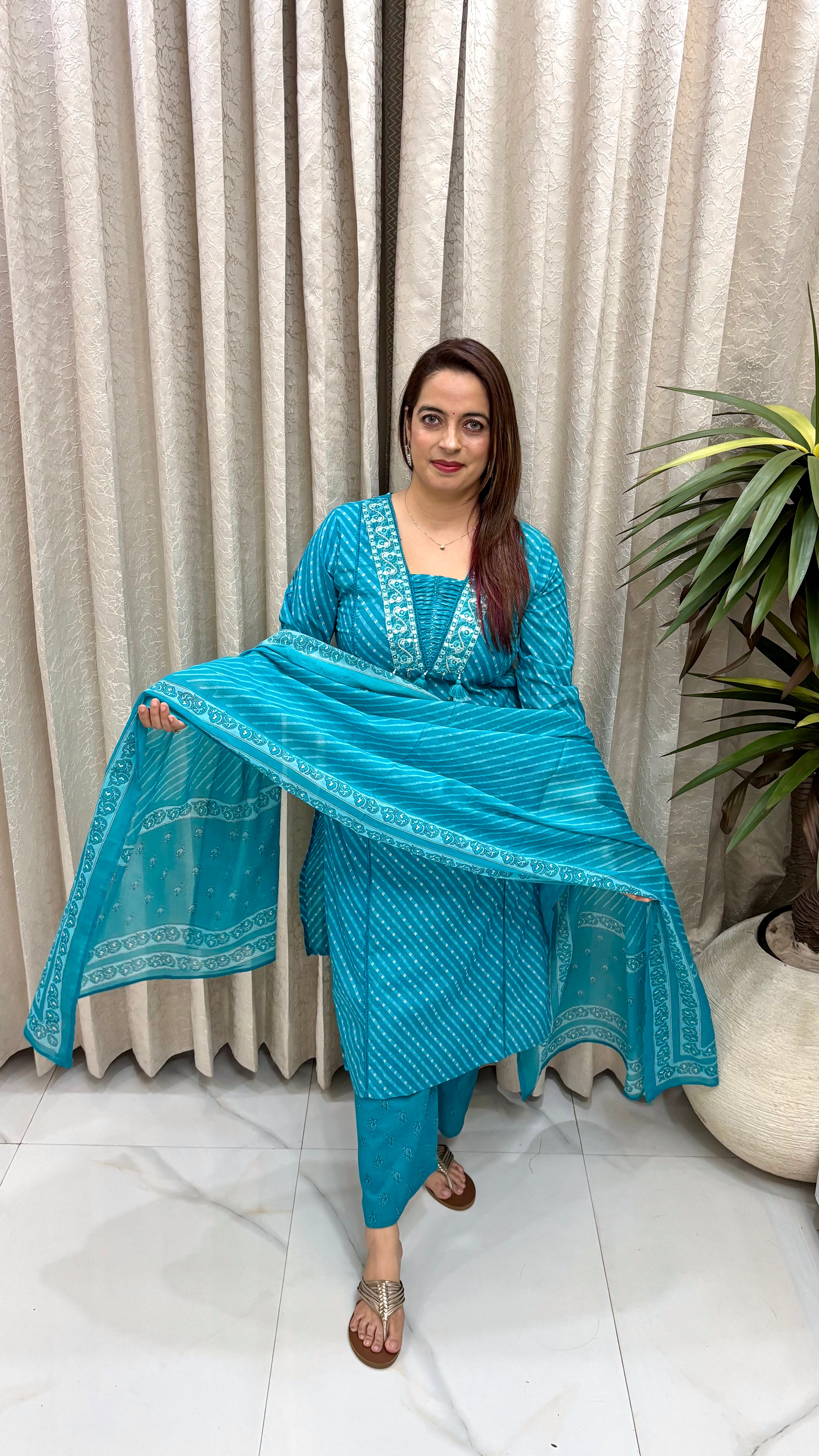 Charming Summer Heritage: Pure Cotton Leheriya Suit with V-Neck Craft, Premium Crochet Lace, & Pocket Comfort