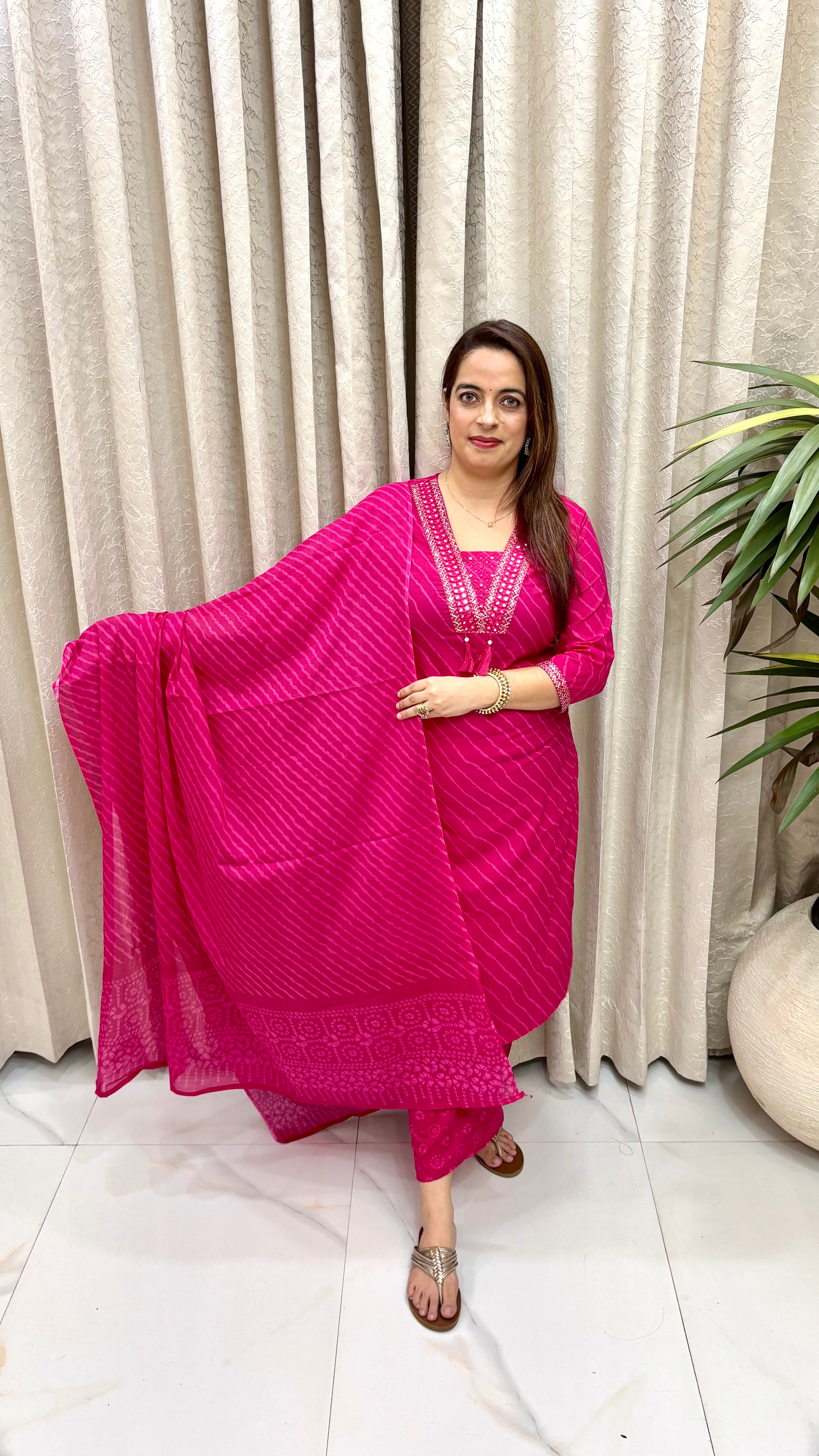 Charming Summer Heritage: Pure Cotton Leheriya Suit with V-Neck Mirror Craft, Playful Tassels, & Classic Bandhani Dupatta