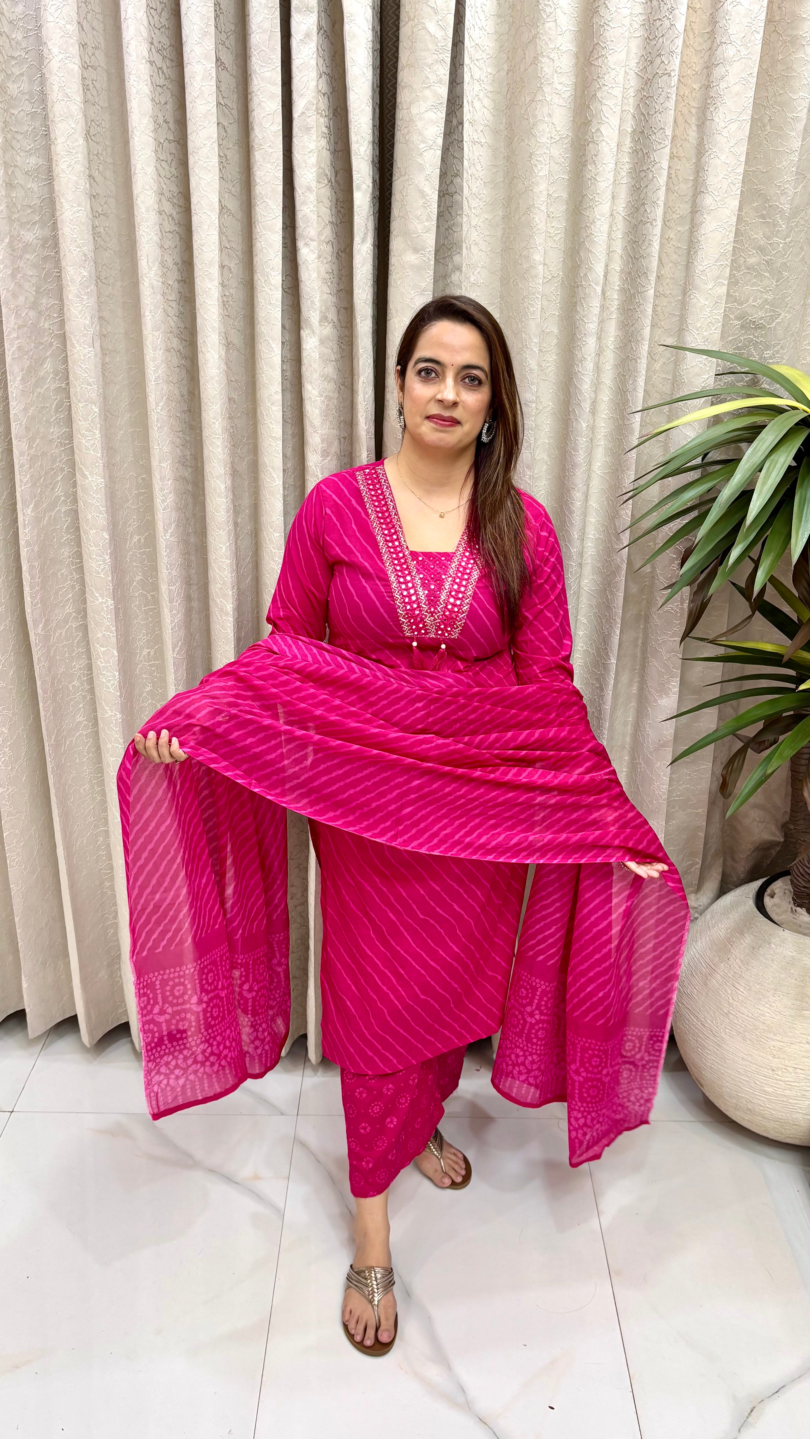 Charming Summer Heritage: Pure Cotton Leheriya Suit with V-Neck Mirror Craft, Playful Tassels, & Classic Bandhani Dupatta