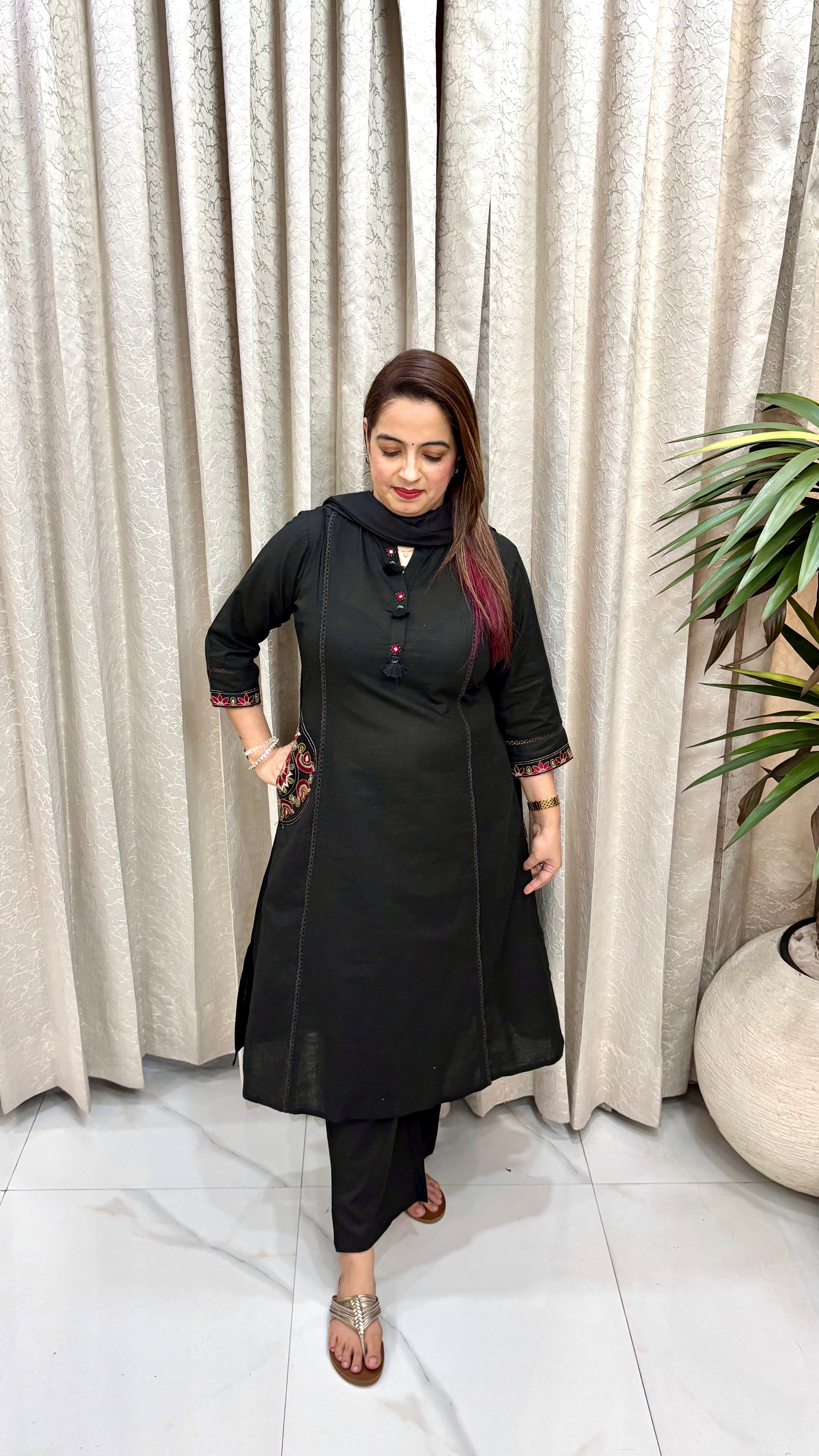 Pure Cotton A-Line Suit with Mirror, Cut-Dana & Lace Detail