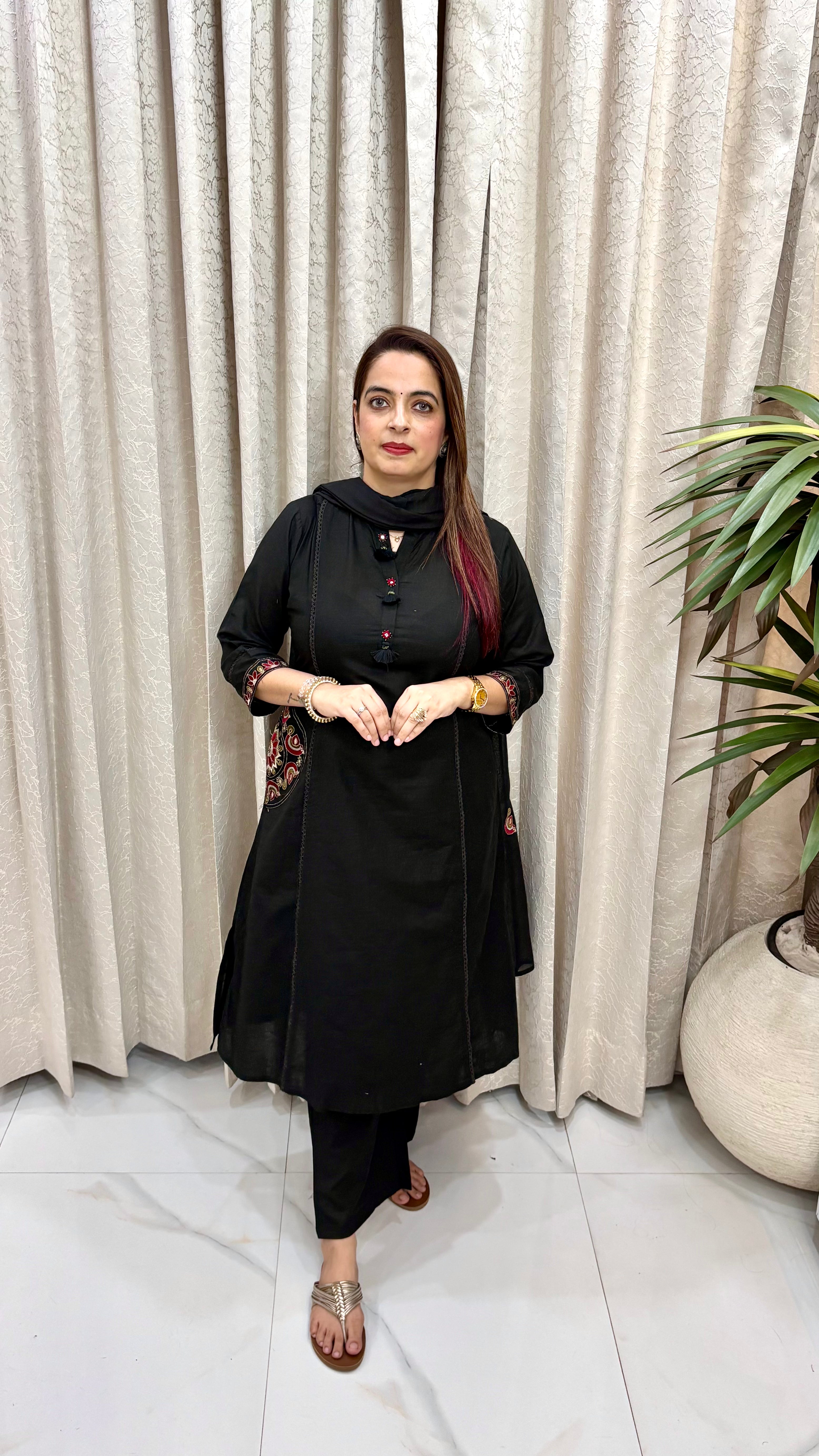 Pure Cotton A-Line Suit with Mirror, Cut-Dana & Lace Detail