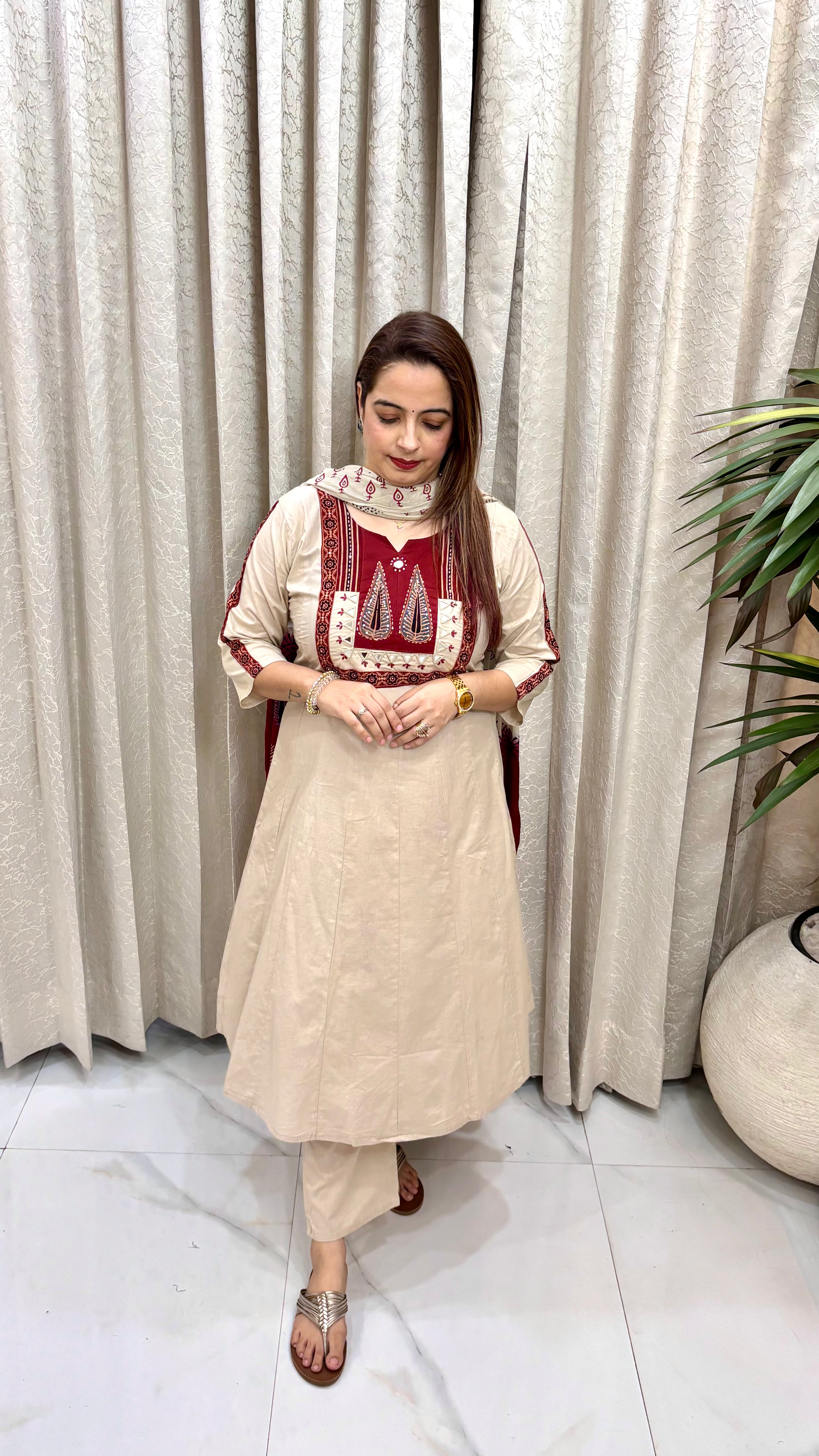 Artisanal Luxury: Pure Cotton Flared Anarkali in Rich Ajrakh Print with Multi-Craft Neckline & Block-Print Dupatta