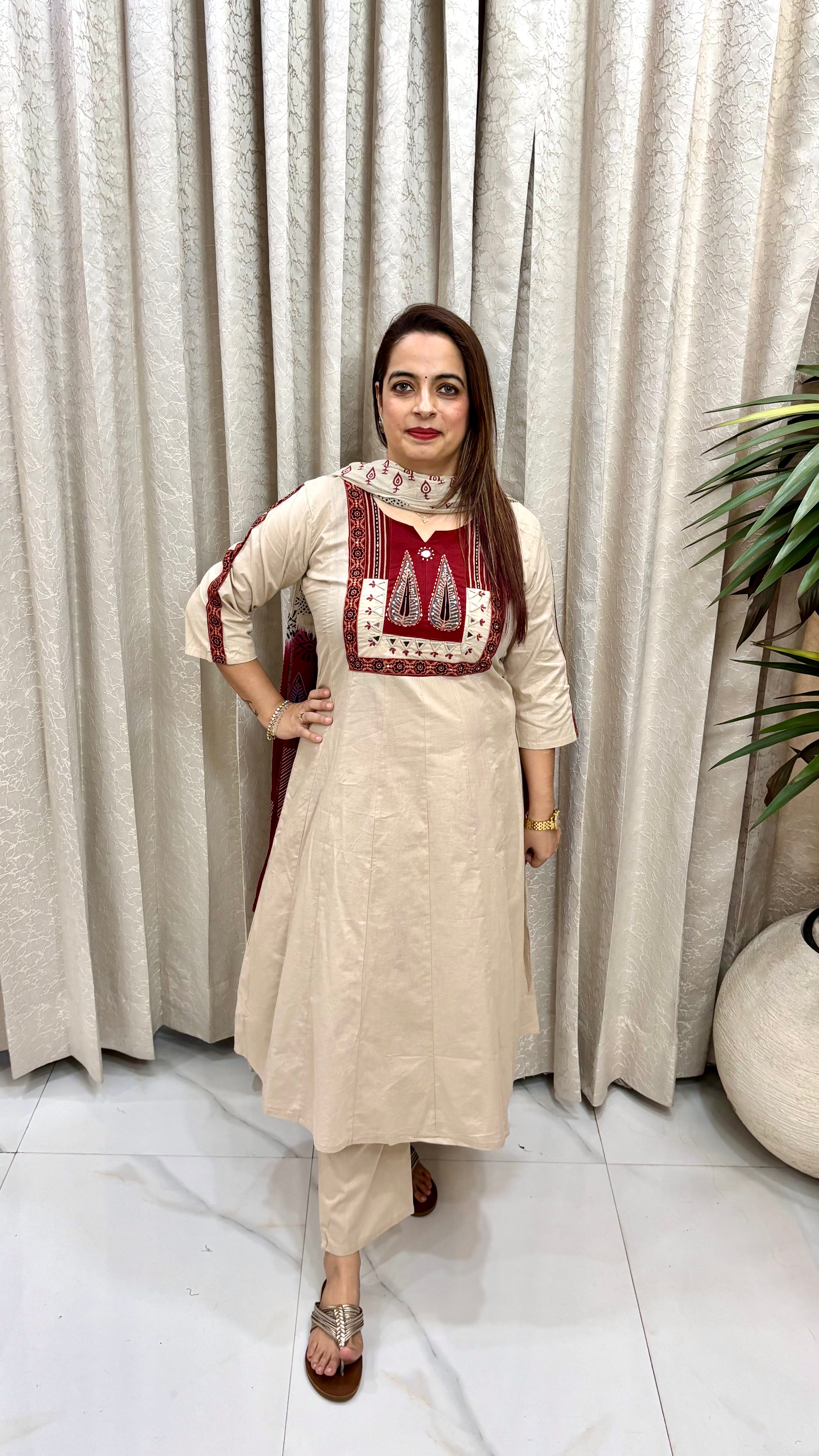 Artisanal Luxury: Pure Cotton Flared Anarkali in Rich Ajrakh Print with Multi-Craft Neckline & Block-Print Dupatta