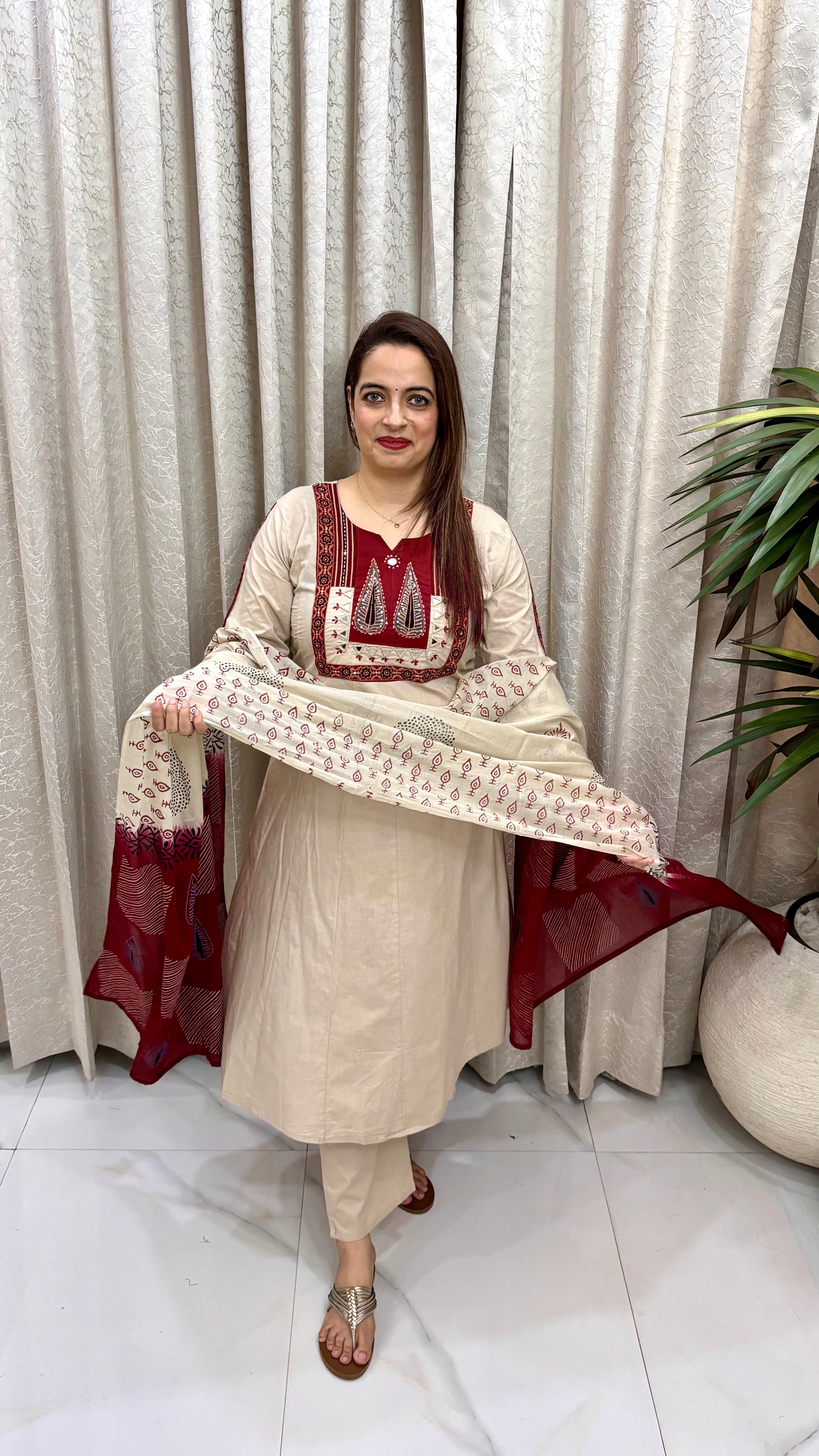 Artisanal Luxury: Pure Cotton Flared Anarkali in Rich Ajrakh Print with Multi-Craft Neckline & Block-Print Dupatta