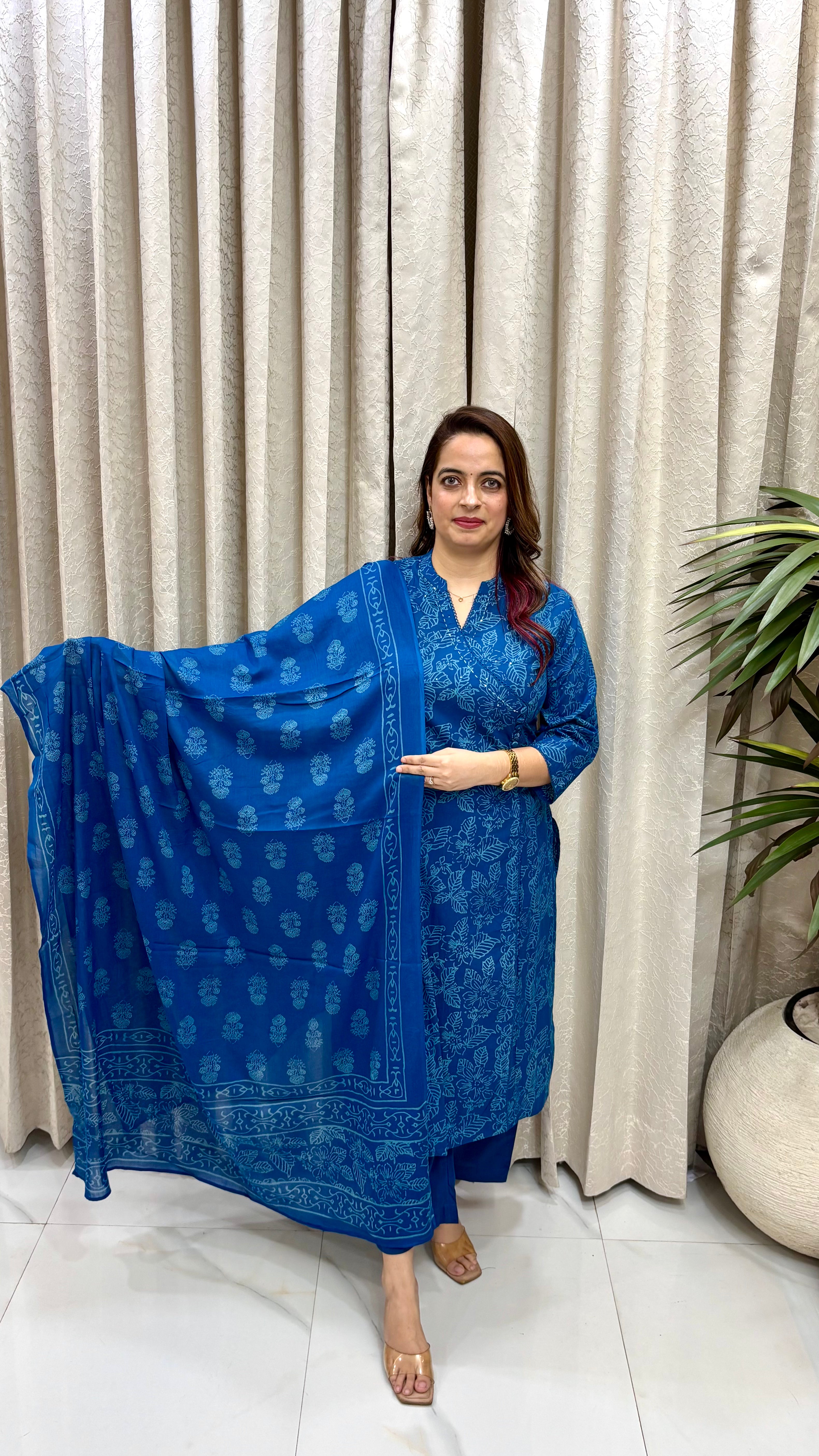 Artisanal Luxury: Premium Pure Cotton Kalamkari Print Suit, Iconic Overlapped Angrakha Design, Premium Crochet Lace, & Rustic Kantha Stitching