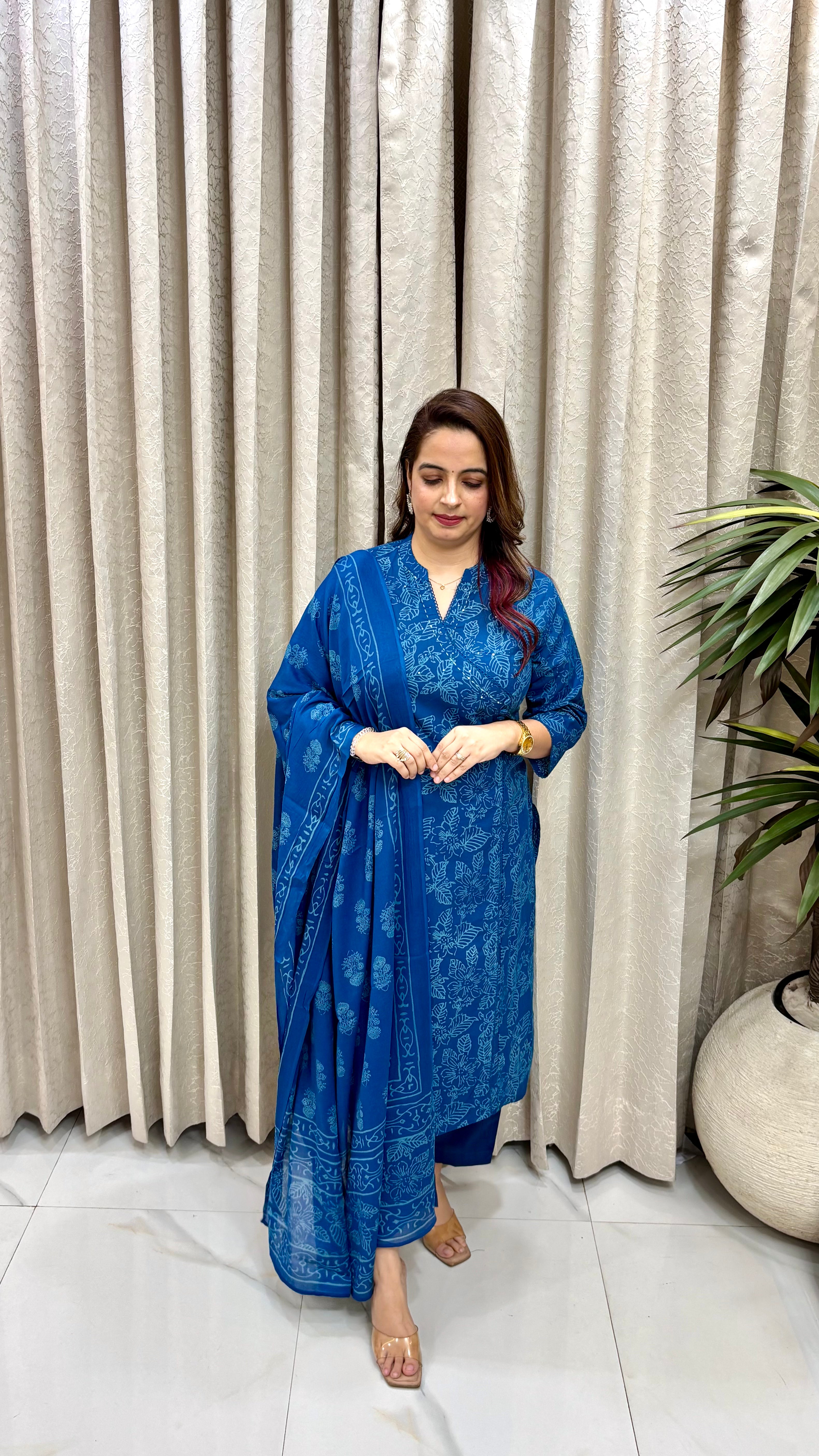 Artisanal Luxury: Premium Pure Cotton Kalamkari Print Suit, Iconic Overlapped Angrakha Design, Premium Crochet Lace, & Rustic Kantha Stitching
