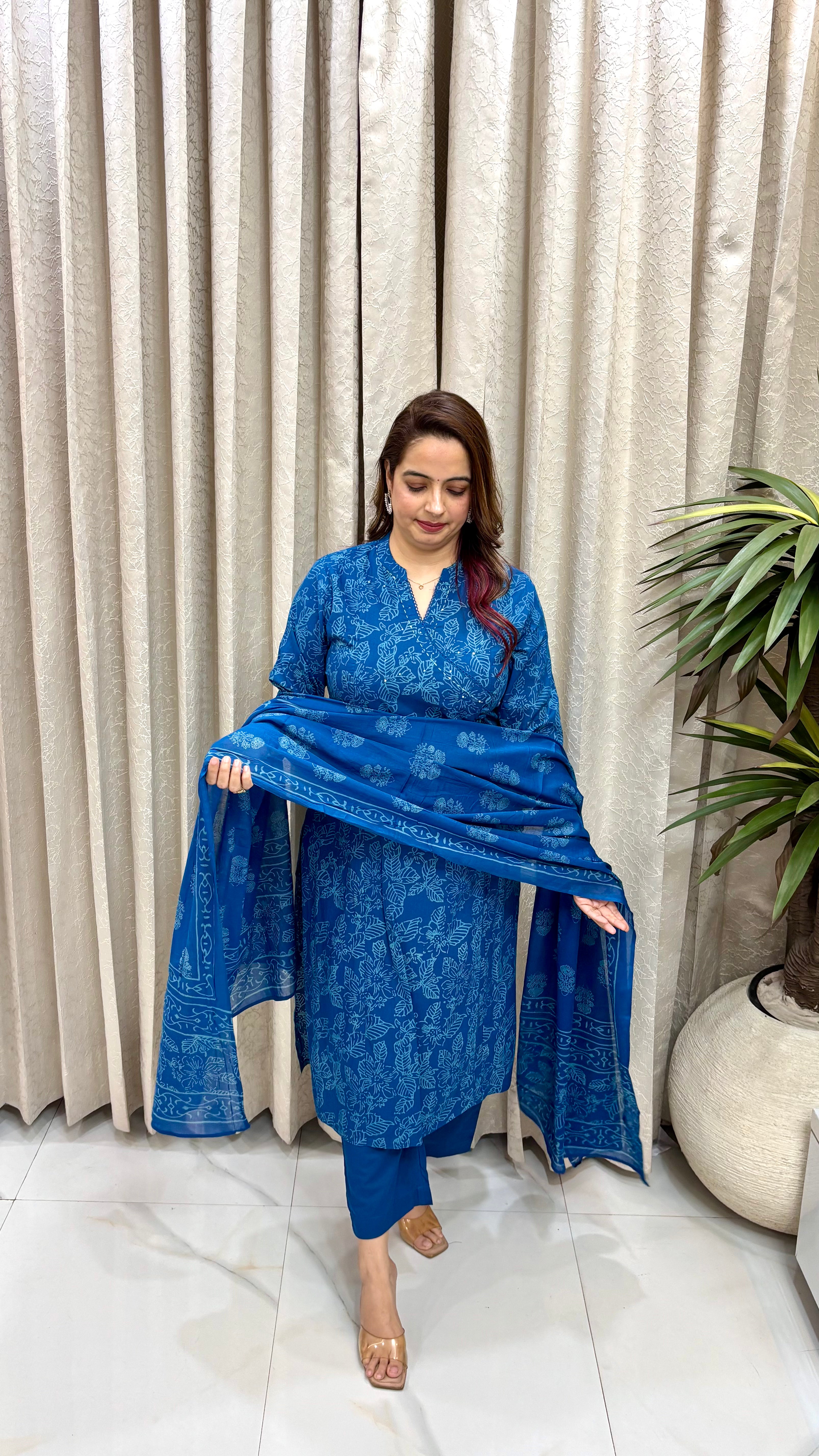 Artisanal Luxury: Premium Pure Cotton Kalamkari Print Suit, Iconic Overlapped Angrakha Design, Premium Crochet Lace, & Rustic Kantha Stitching