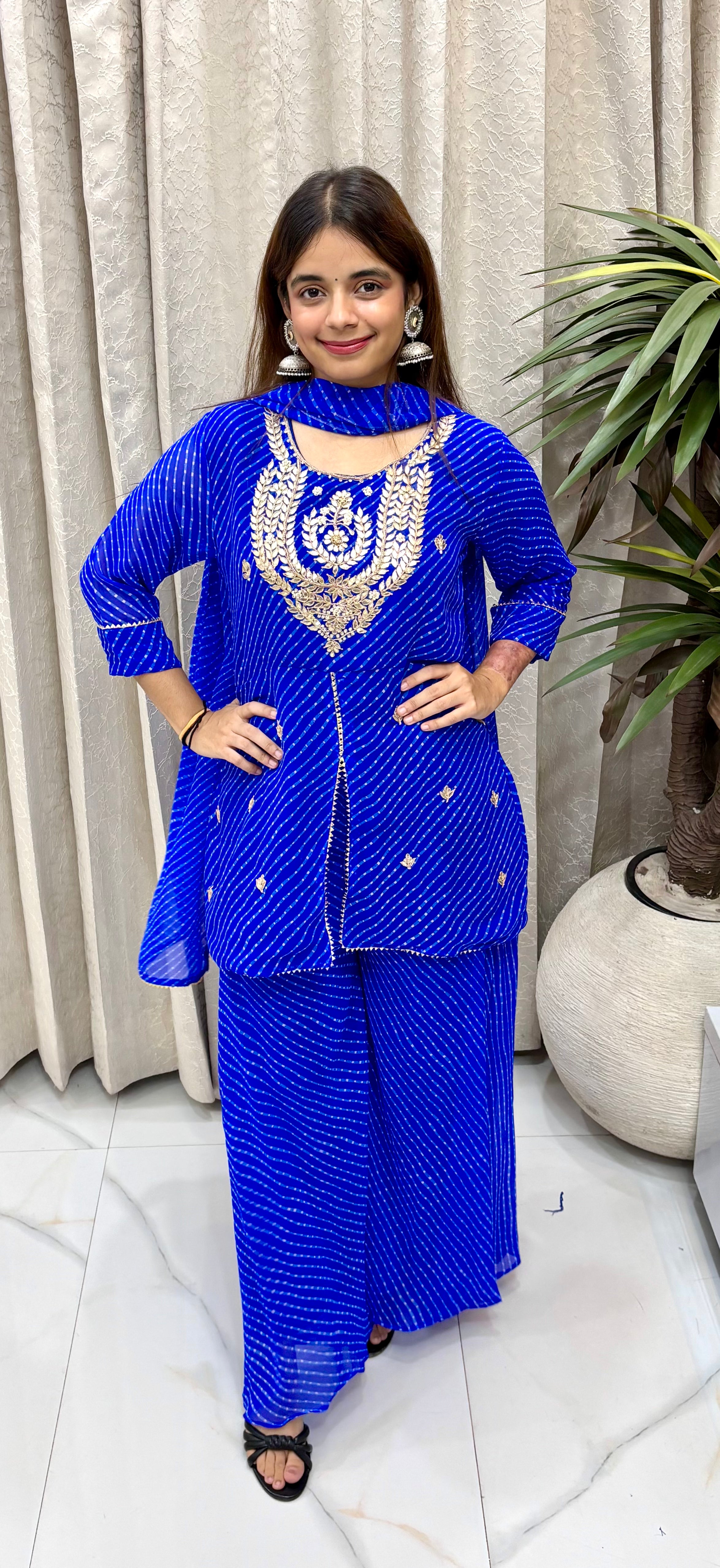 Regal Rajasthani Fusion: Pure Georgette, Traditional Leheriya Print, Zardozi & Gota Patti Artistry, & Modern Center-Cut Choli Silhouette