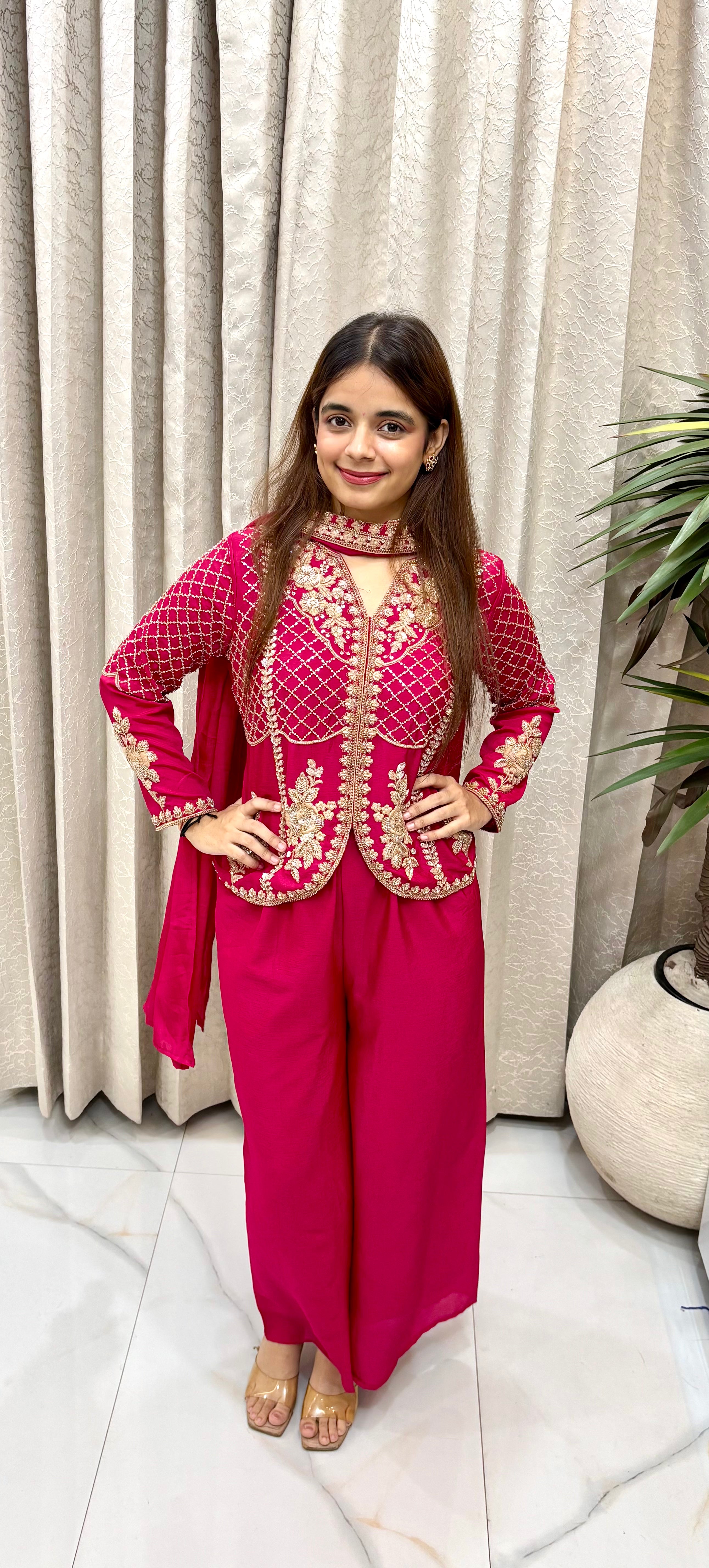 Contemporary Fusion Glamour: Rani Magenta Pure Chinon Silk, Intricate Cut-Dana & Jaal Work, Necklace-Style Stall, & Flared Divider Trousers