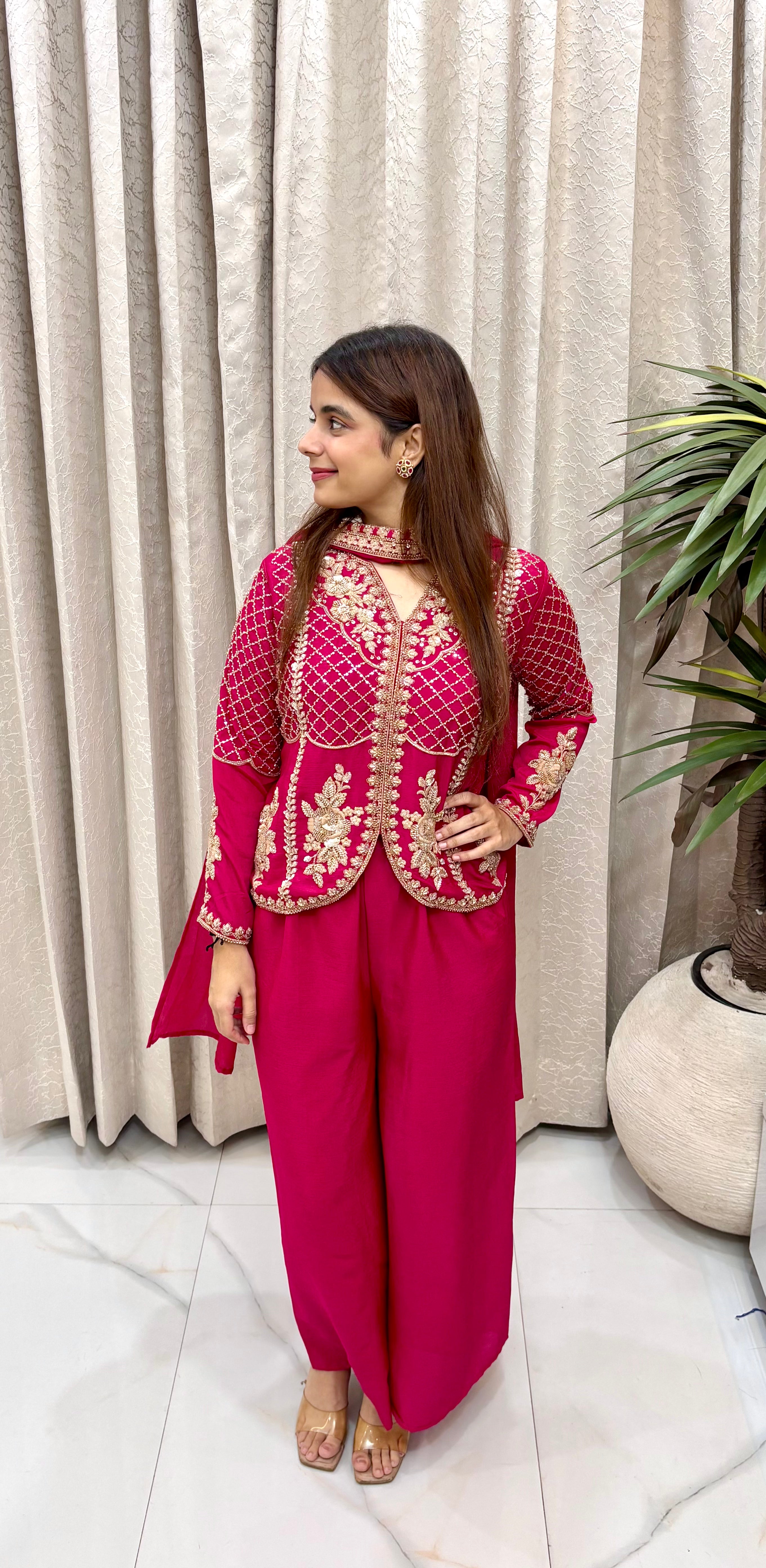 Contemporary Fusion Glamour: Rani Magenta Pure Chinon Silk, Intricate Cut-Dana & Jaal Work, Necklace-Style Stall, & Flared Divider Trousers