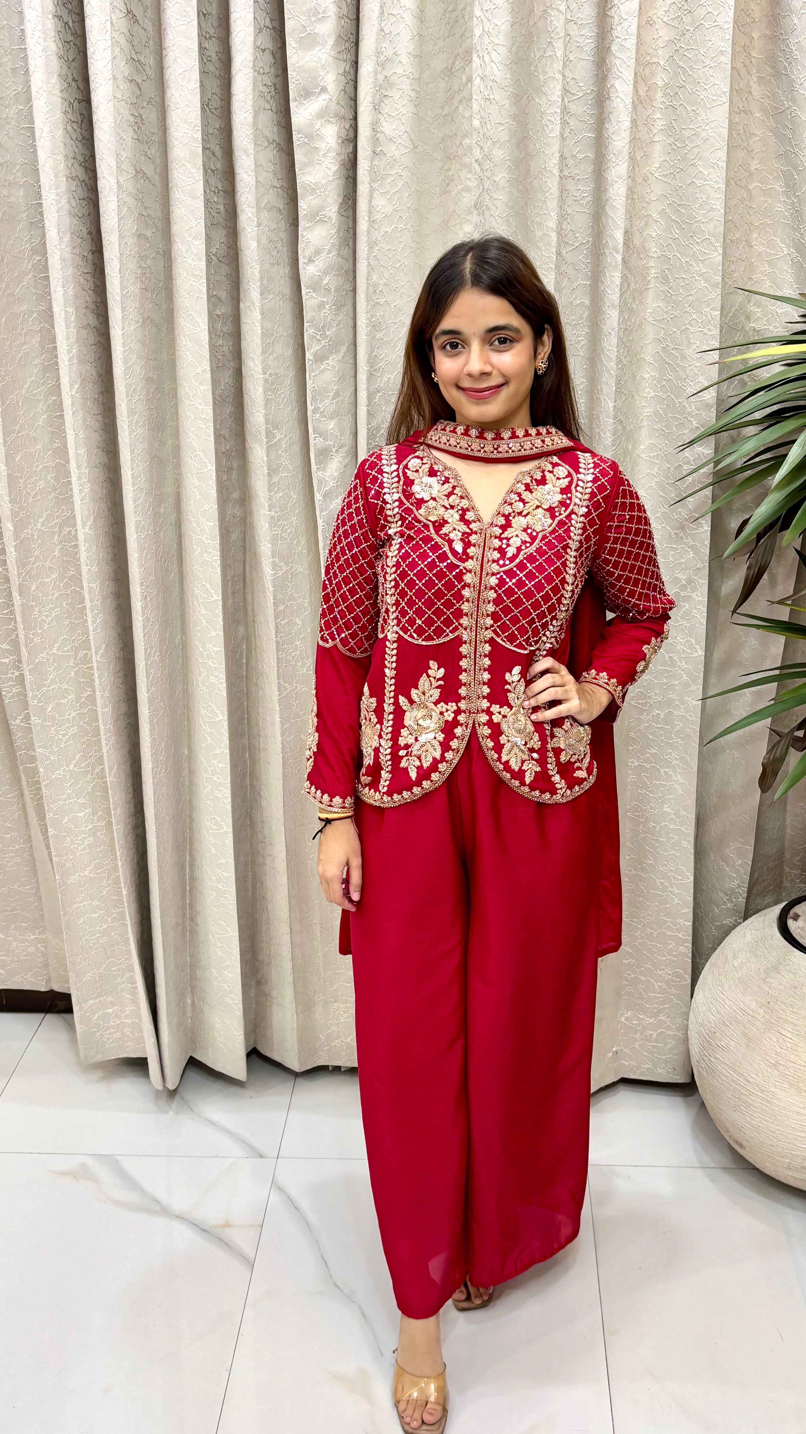 Contemporary Fusion Glamour: Blood Magenta Pure Chinon Silk, Intricate Cut-Dana & Jaal Work, Necklace-Style Stall, & Flared Divider Trousers
