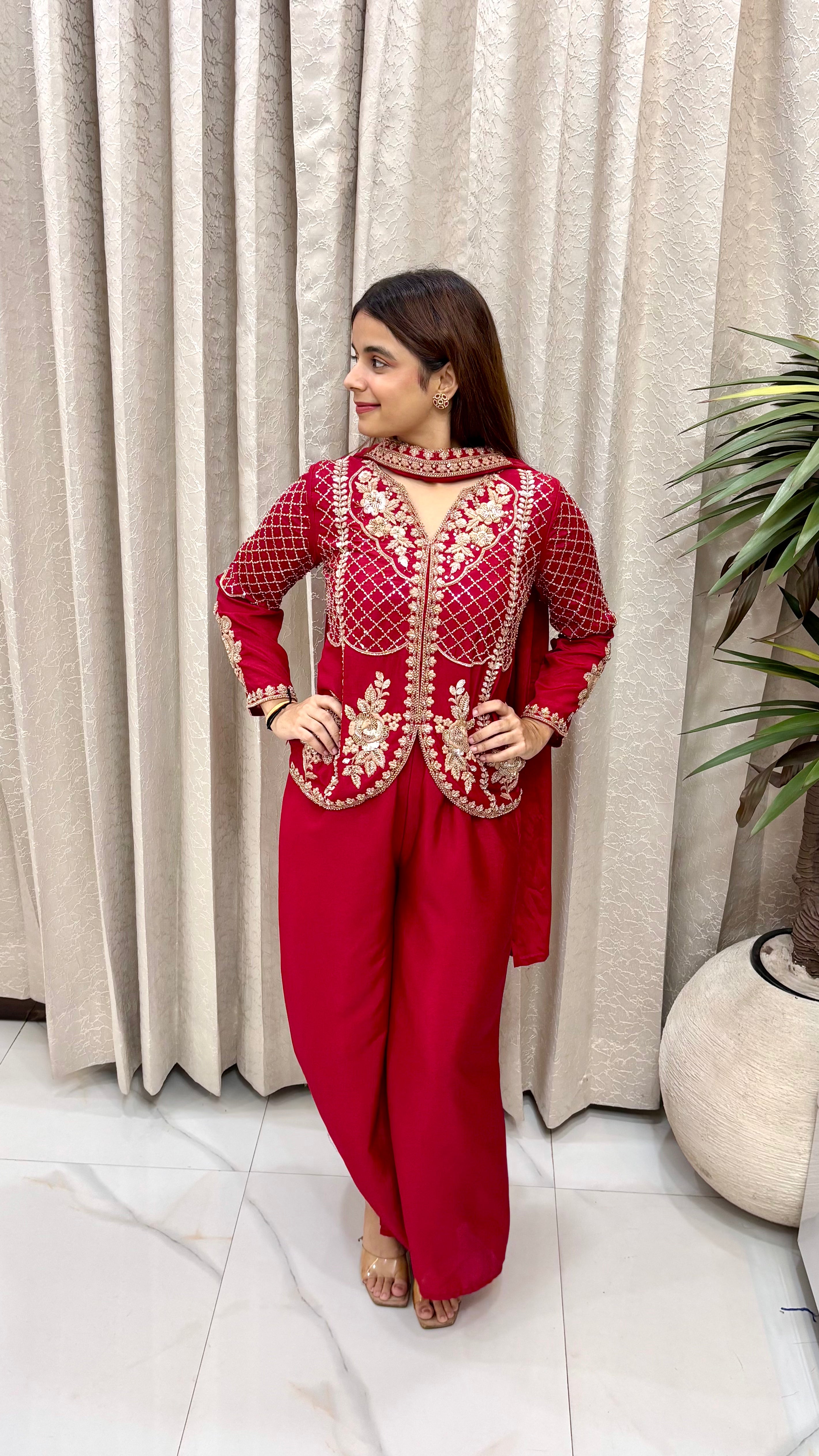 Contemporary Fusion Glamour: Blood Magenta Pure Chinon Silk, Intricate Cut-Dana & Jaal Work, Necklace-Style Stall, & Flared Divider Trousers