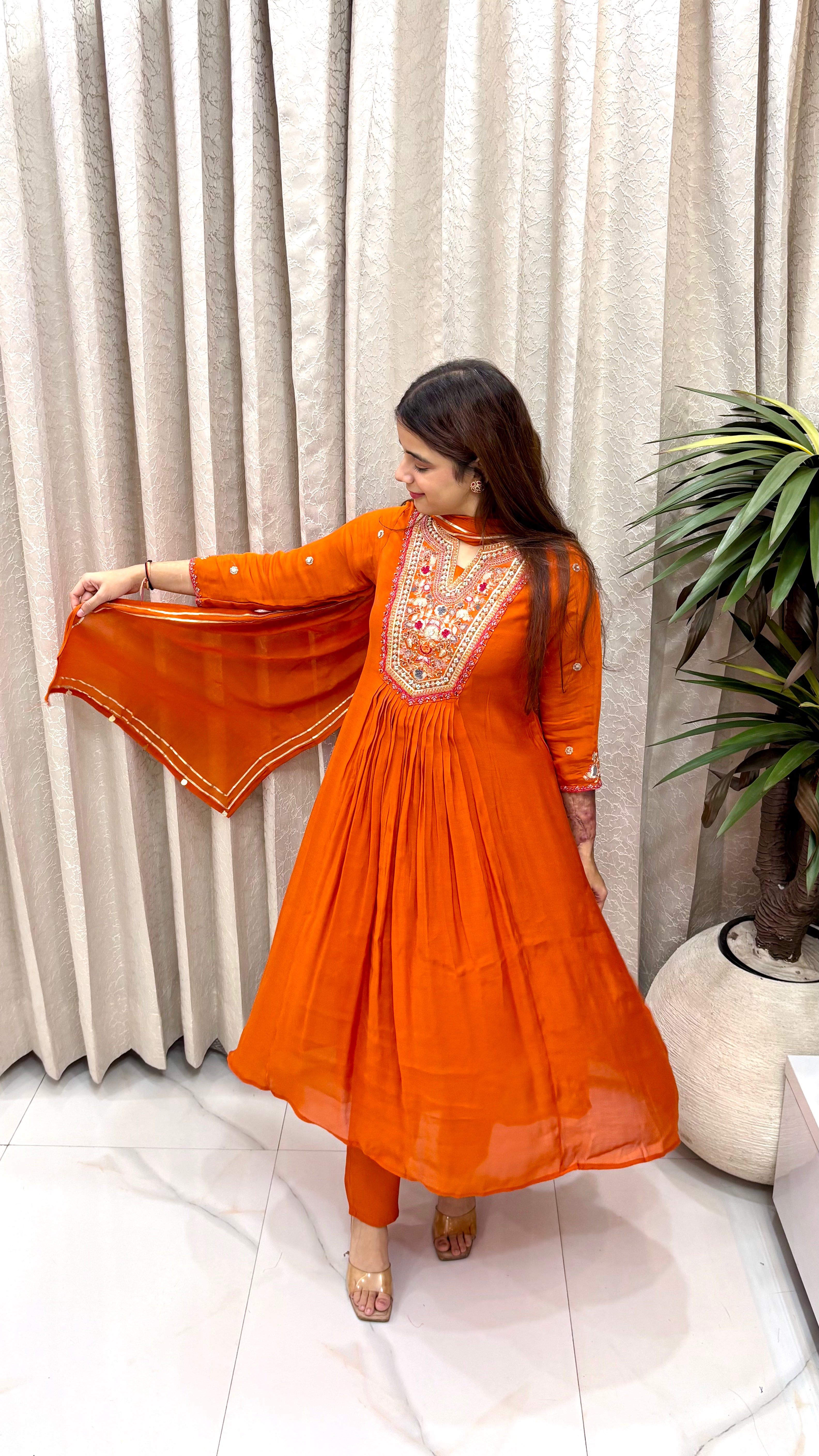 Regal Silhouette & Heritage Artistry: Pure Mul Chanderi, A-Line Flared Cut, Multi-Craft Thread & Zari Embroidery, & Gota-Detailed Dupatta