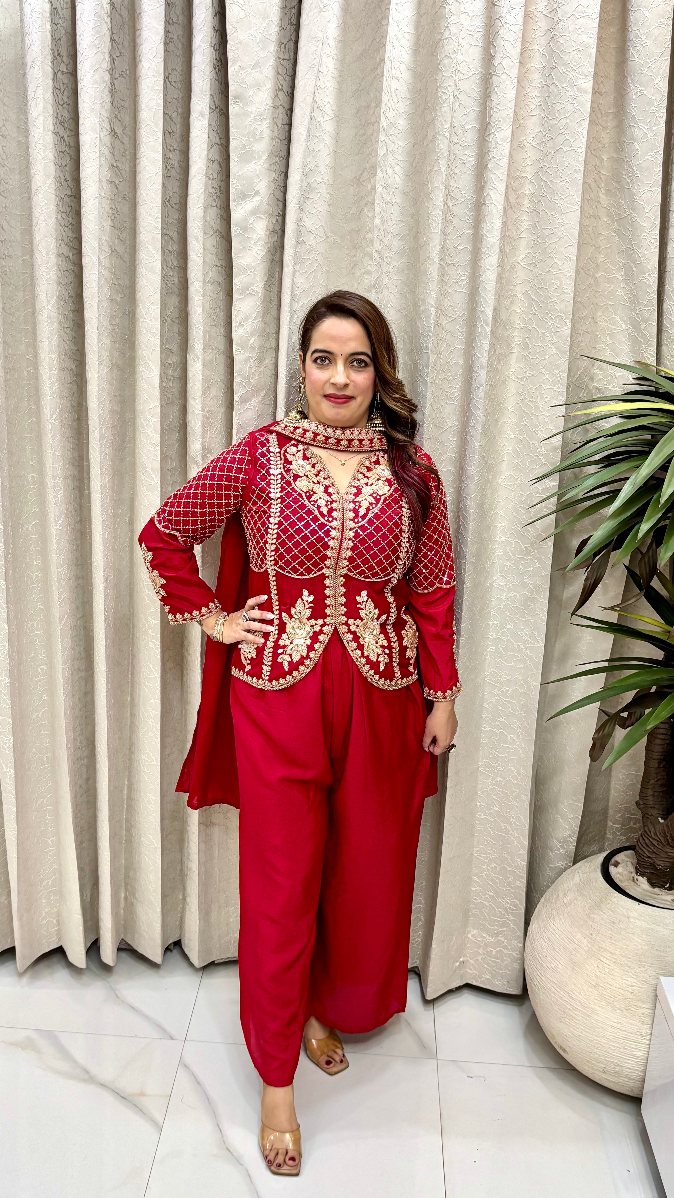 Contemporary Fusion Glamour: Blood Magenta Pure Chinon Silk, Intricate Cut-Dana & Jaal Work, Necklace-Style Stall, & Flared Divider Trousers