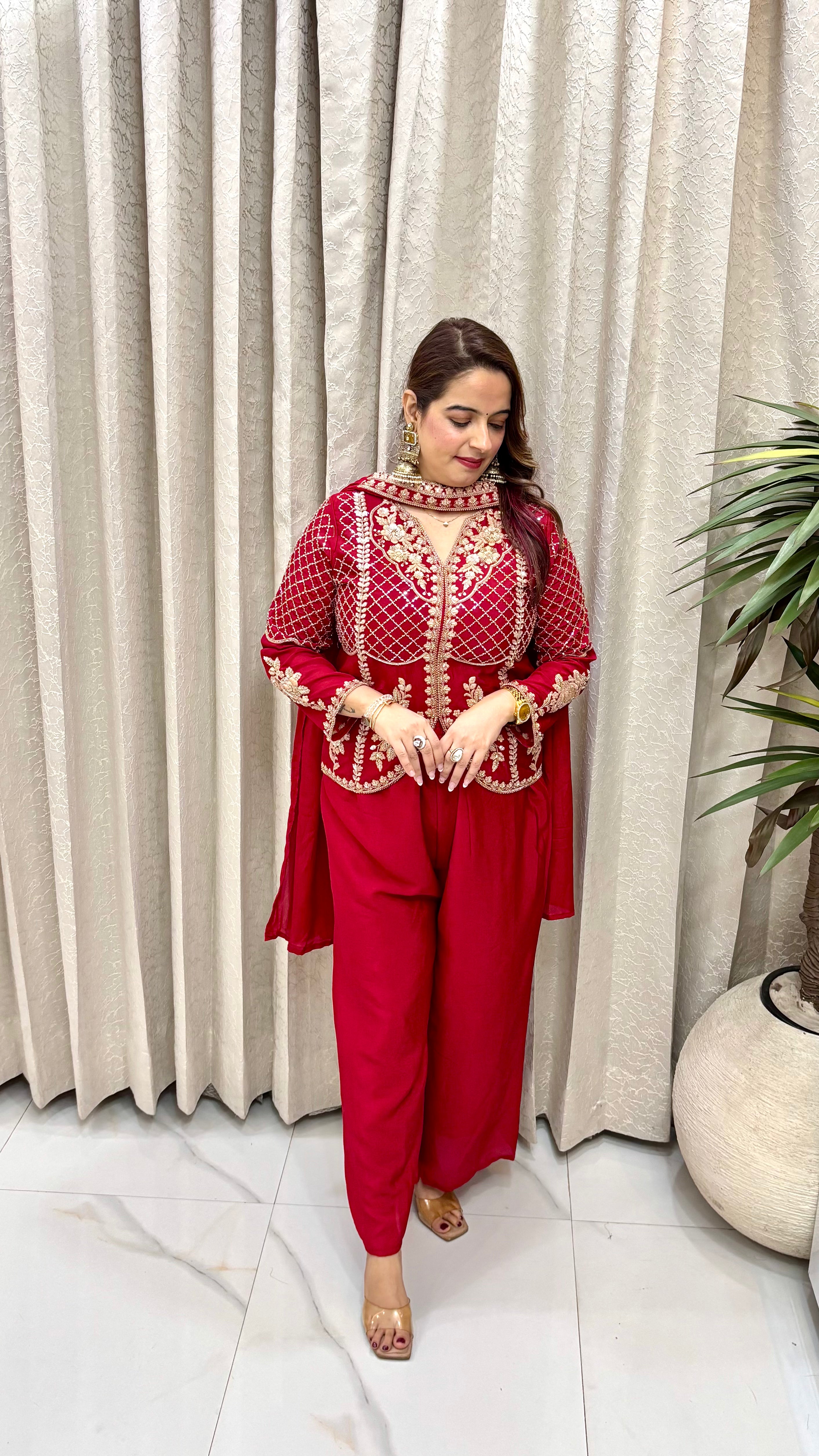 Contemporary Fusion Glamour: Blood Magenta Pure Chinon Silk, Intricate Cut-Dana & Jaal Work, Necklace-Style Stall, & Flared Divider Trousers