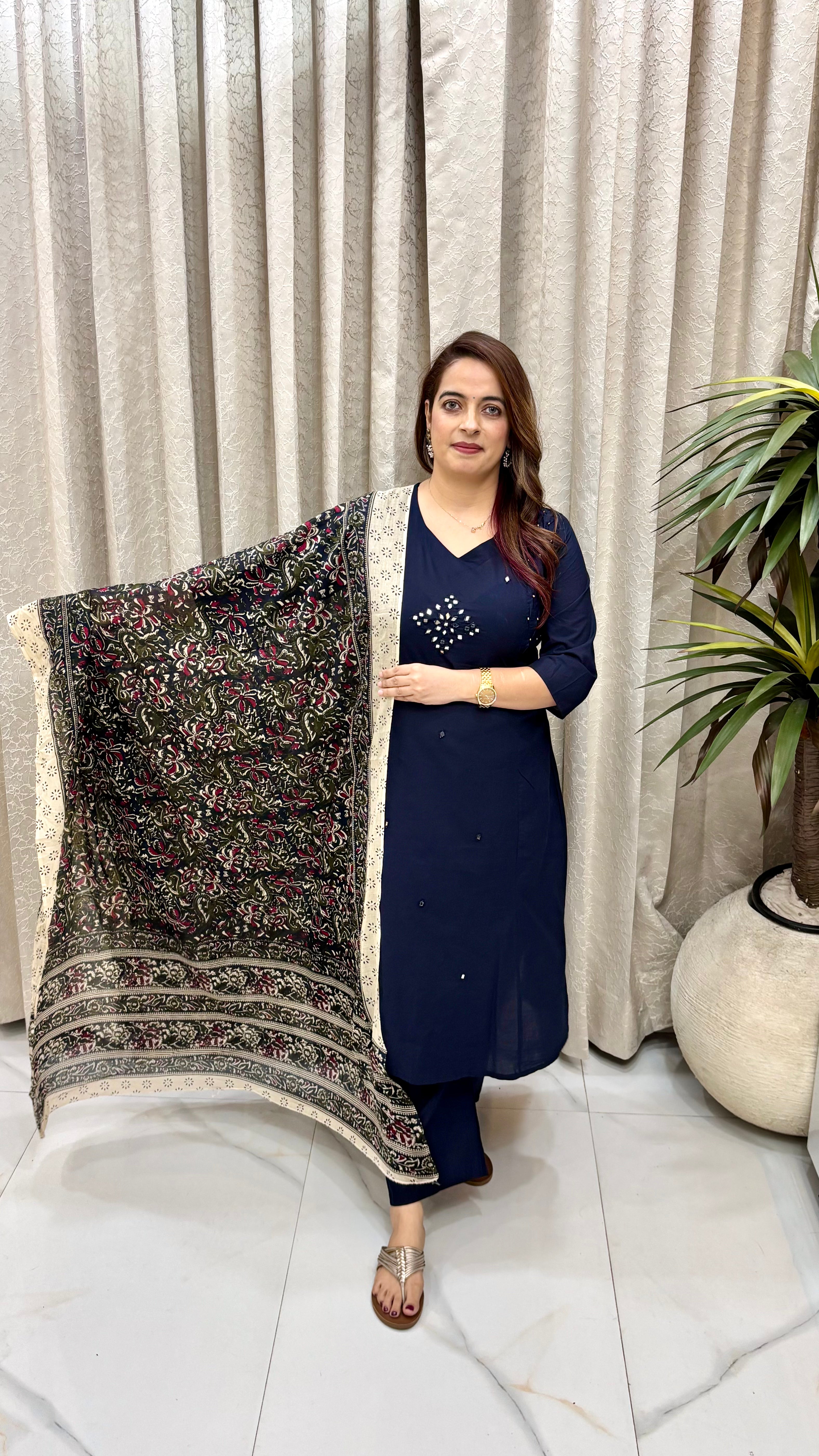 Artisanal Craftsmanship & Breathable Luxury: Pure Navy Blue Cotton, Real Mirror & Thread Work, Pintuck Detailing, & Authentic Kalamkari Dupatta