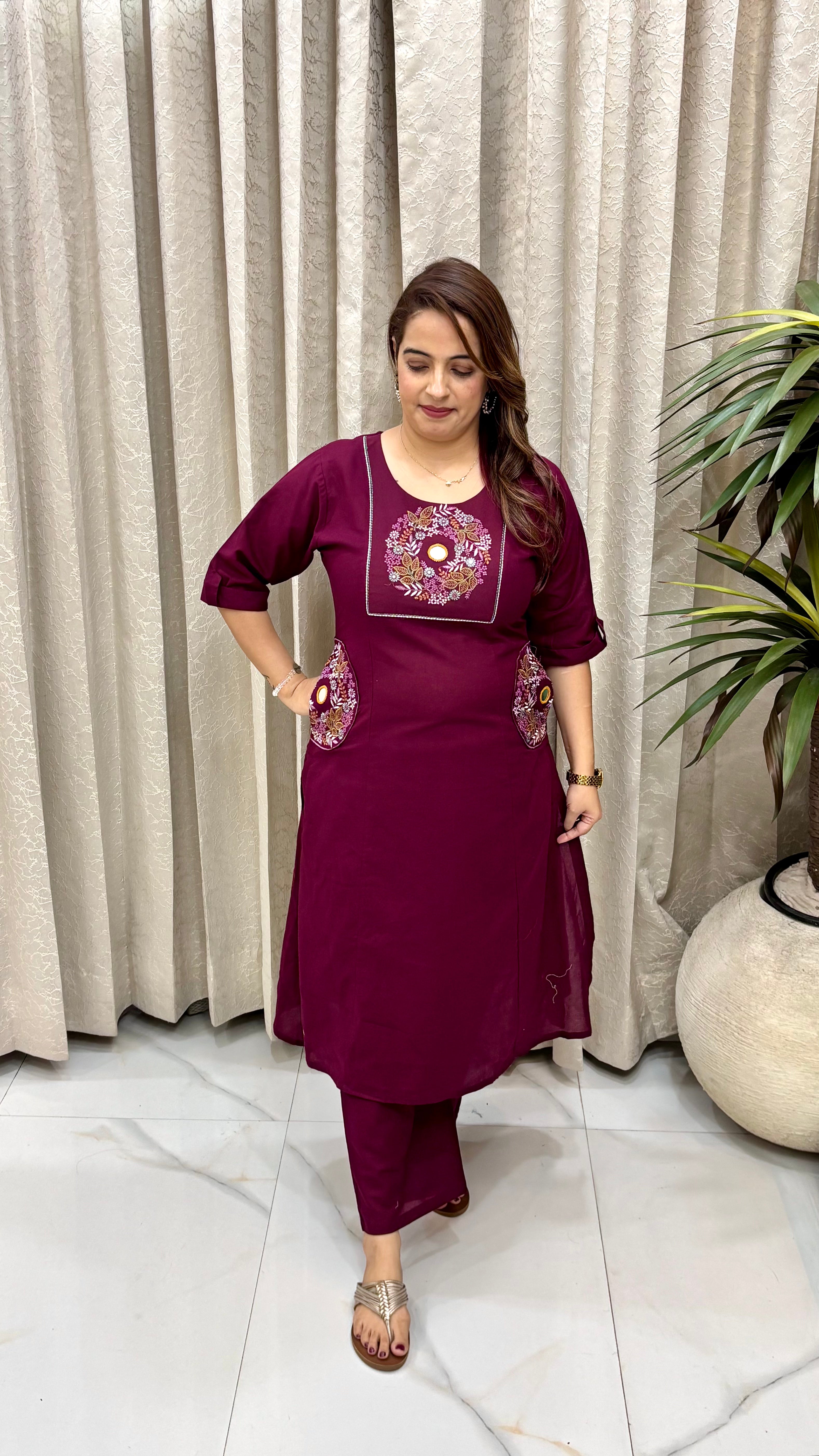 The Wine Pure Handloom Cotton Mirror-Work Co-Ord Set